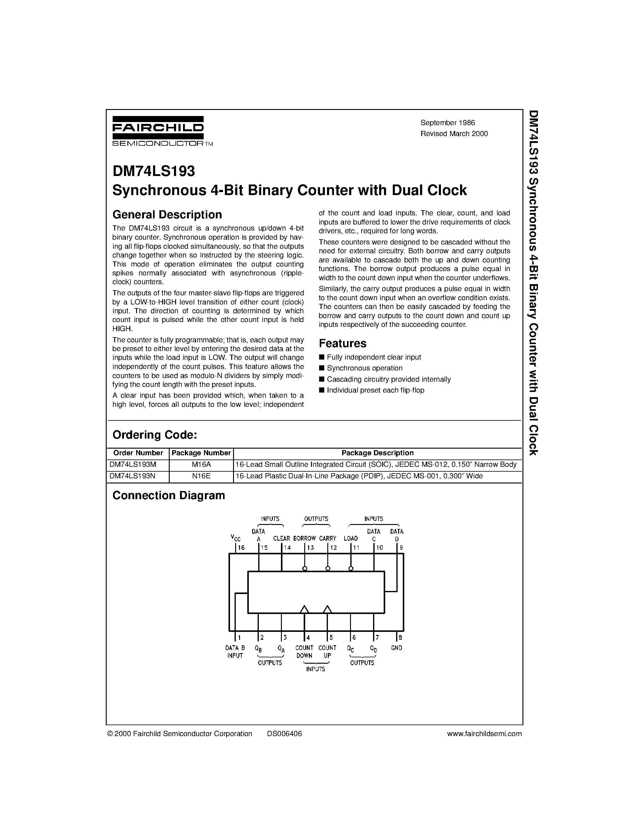 Даташит DM74LS193 - Synchronous 4-Bit Binary Counter with Dual Clock страница 1