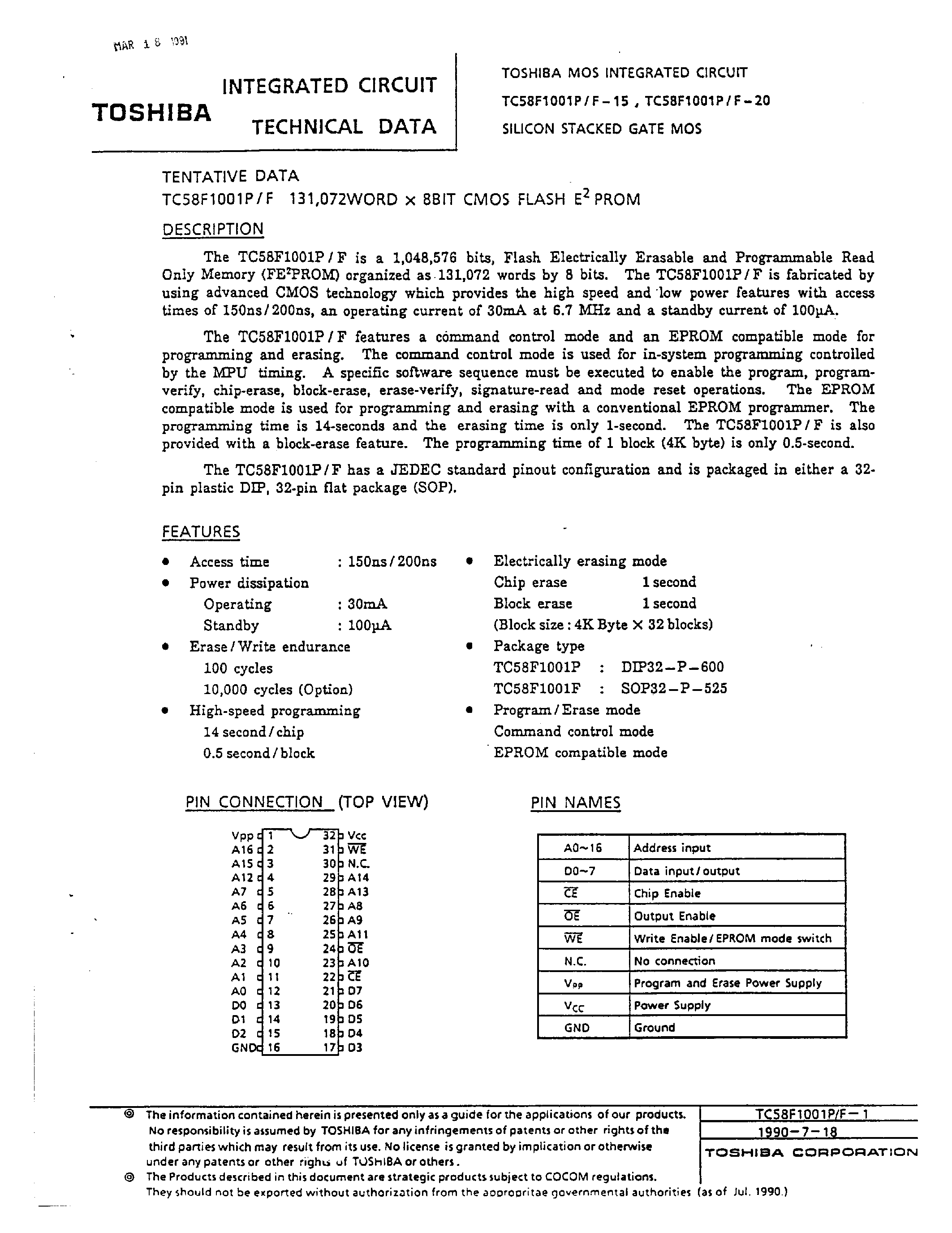 Datasheet TC58F1001F-10 page 1 Datasheet TC58F1001F-10 - 131072 WORD x 8 BIT CMOS FLASH E2PROM page 1