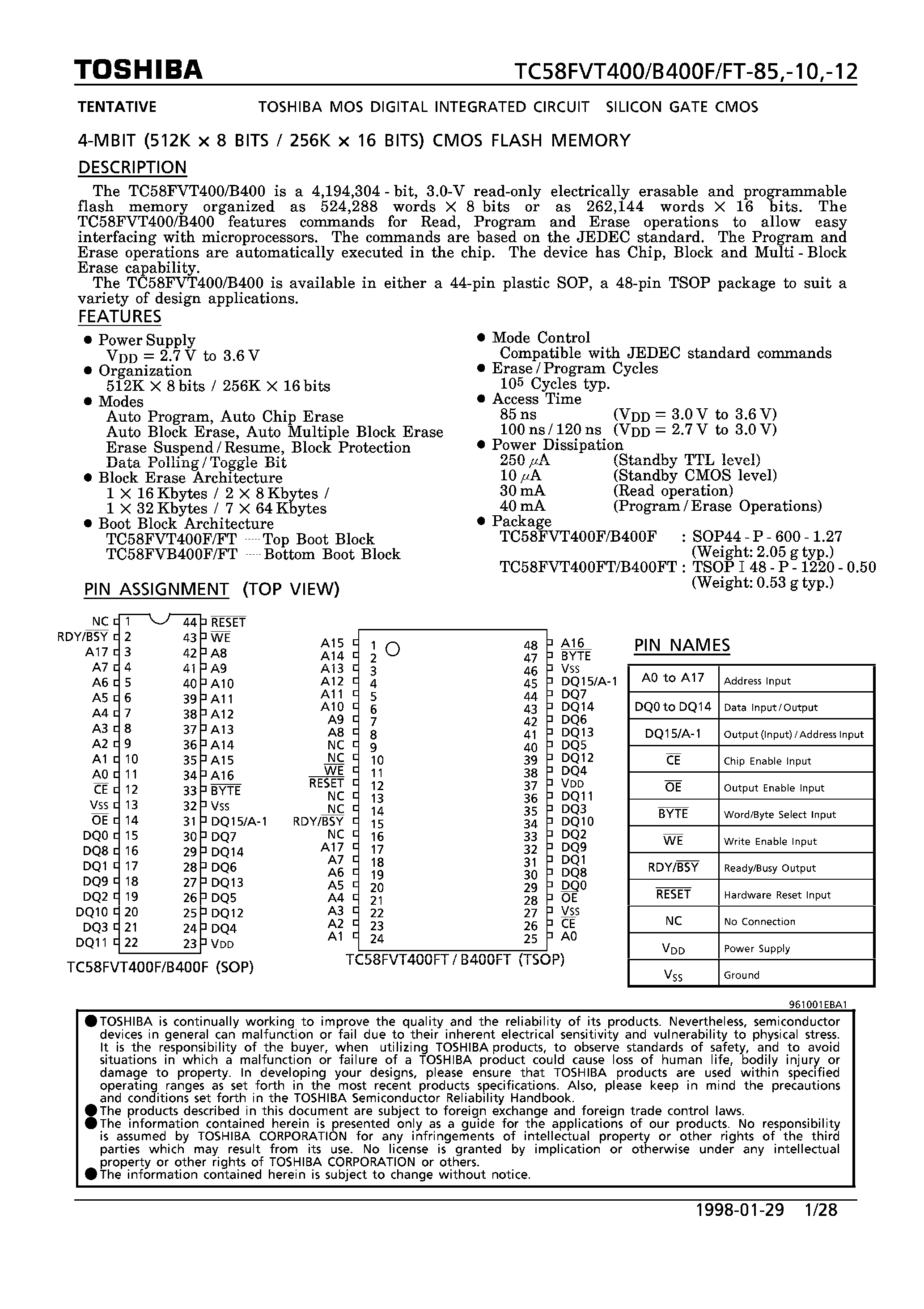Datasheet TC58FVB400 - (TC58Fxxx) 4-MBIT (512K * 8 BITS / 256K * 16BITS)CMOS FLASH MEMORY page 1