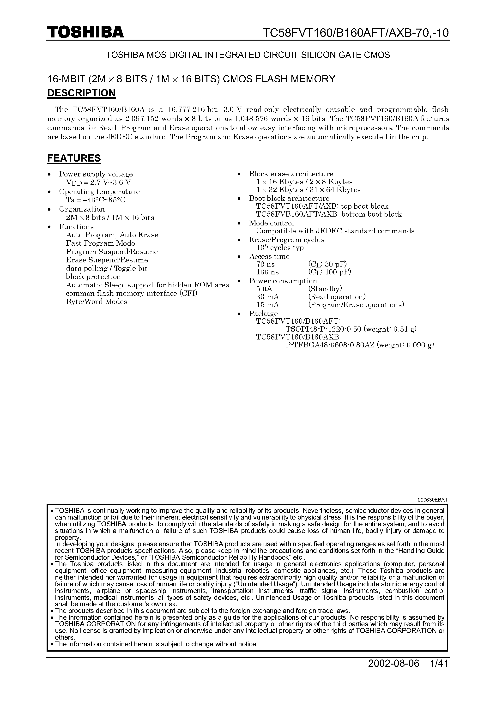 Datasheet TC58FVB160A page 1 Datasheet TC58FVB160A - TOSHIBA MOS DIGITAL INTEGRATED CIRCUIT SILICON GATE CMOS page 1