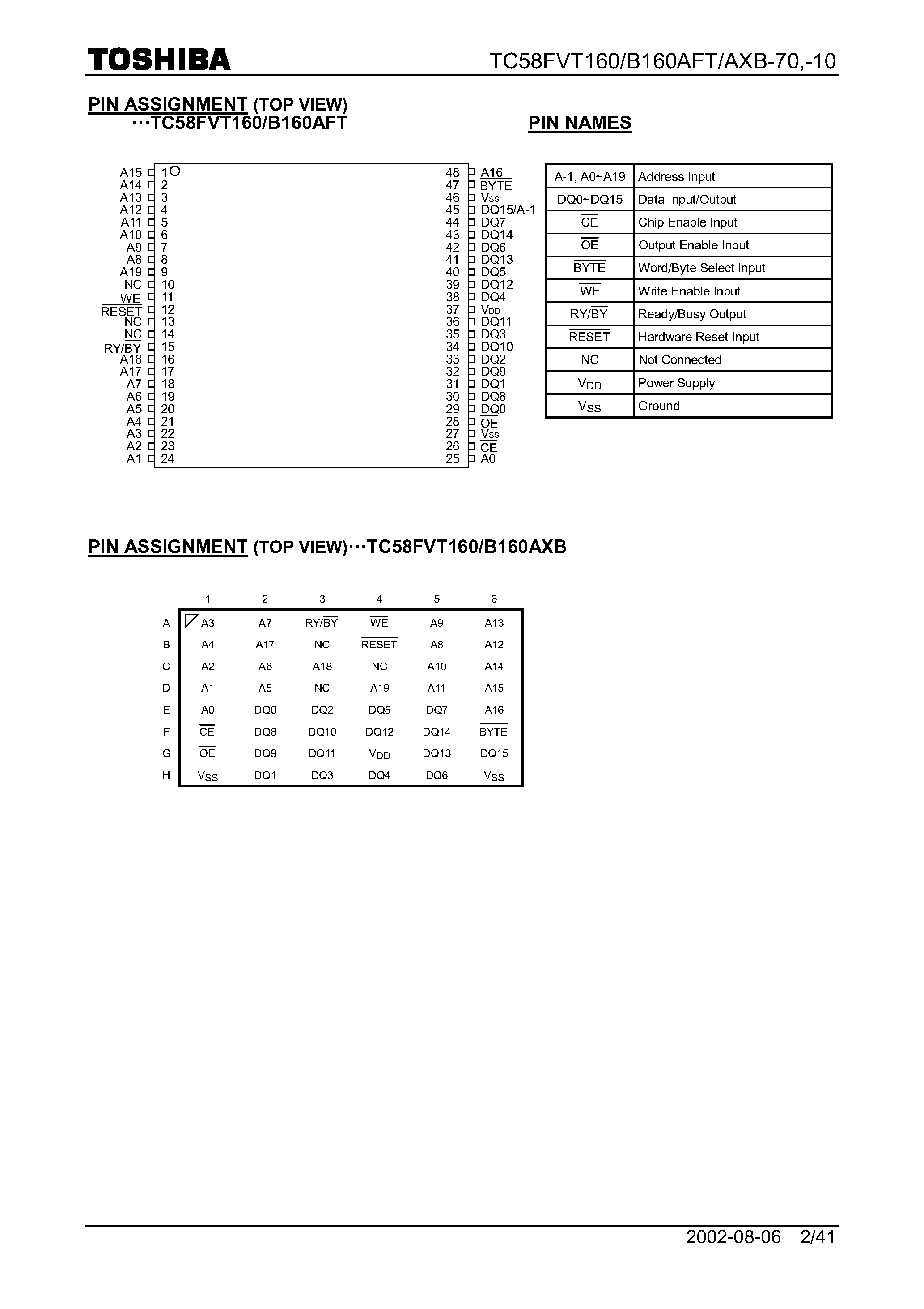 Datasheet TC58FVB160A page 2 Datasheet TC58FVB160A - TOSHIBA MOS DIGITAL INTEGRATED CIRCUIT SILICON GATE CMOS page 2