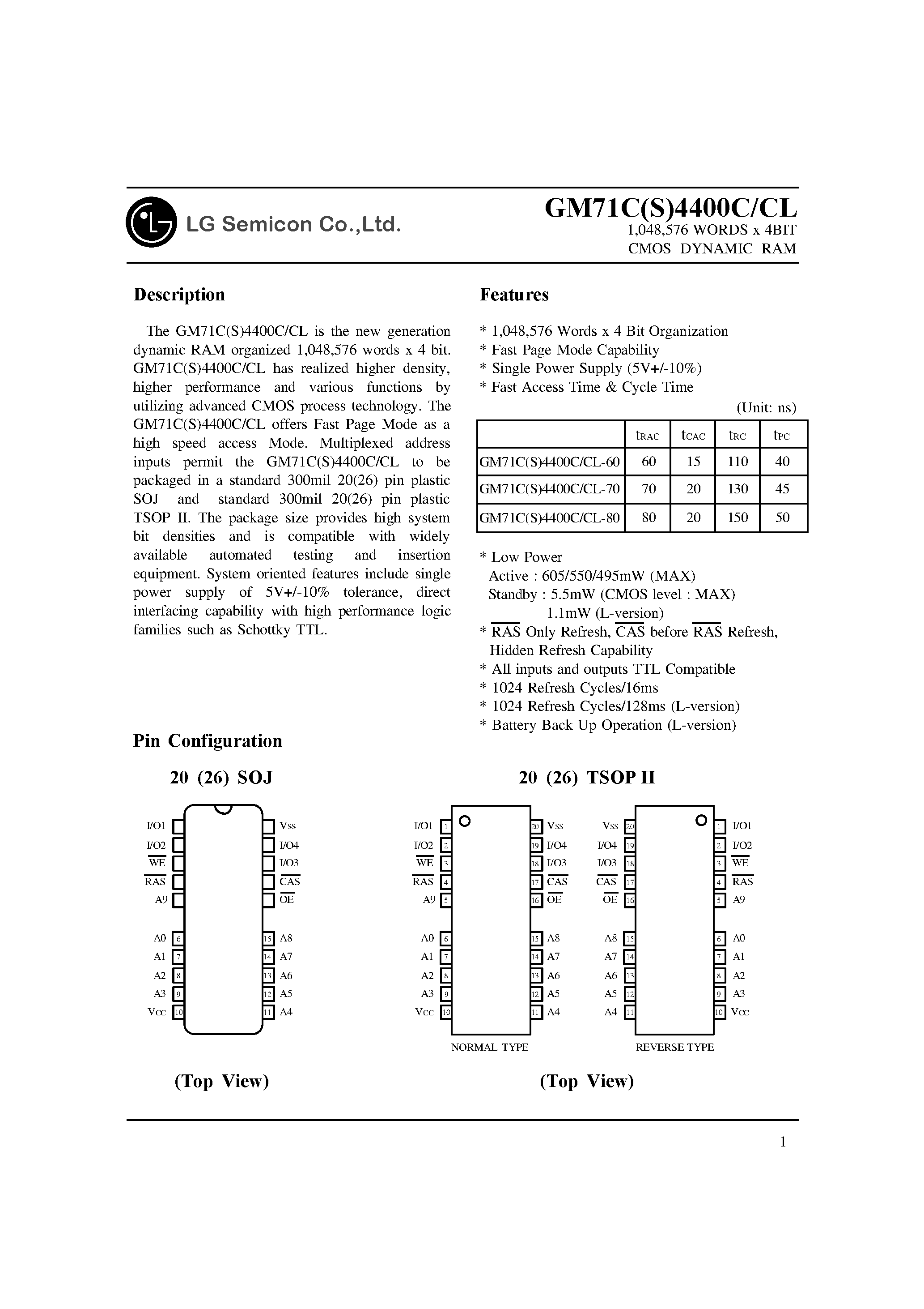Даташит GM71C4400C - 1M x 4 Bit CMOS DRAM страница 1