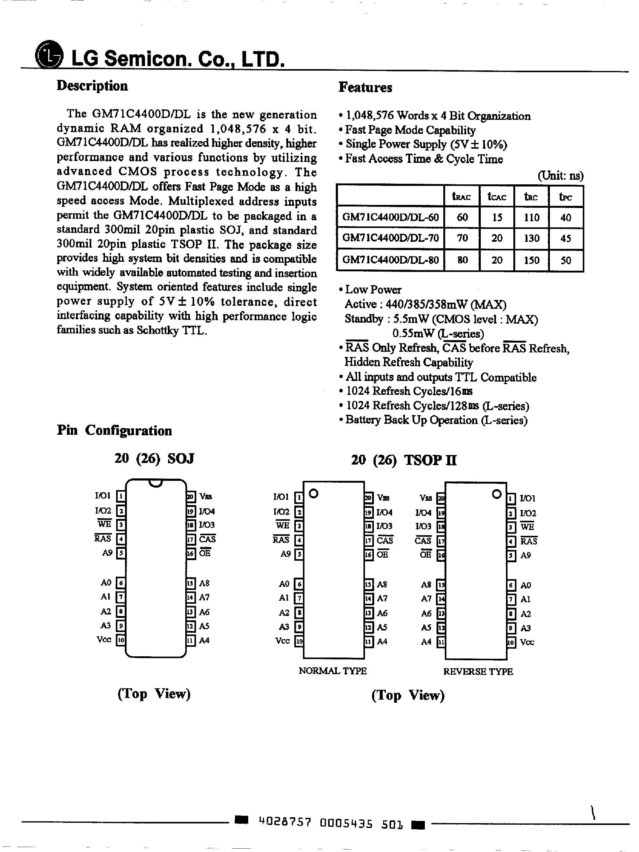 Даташит на микросхему GM71C4400D страница 1 Даташит GM71C4400D - 1M x 4 Bit CMOS DRAM страница 1