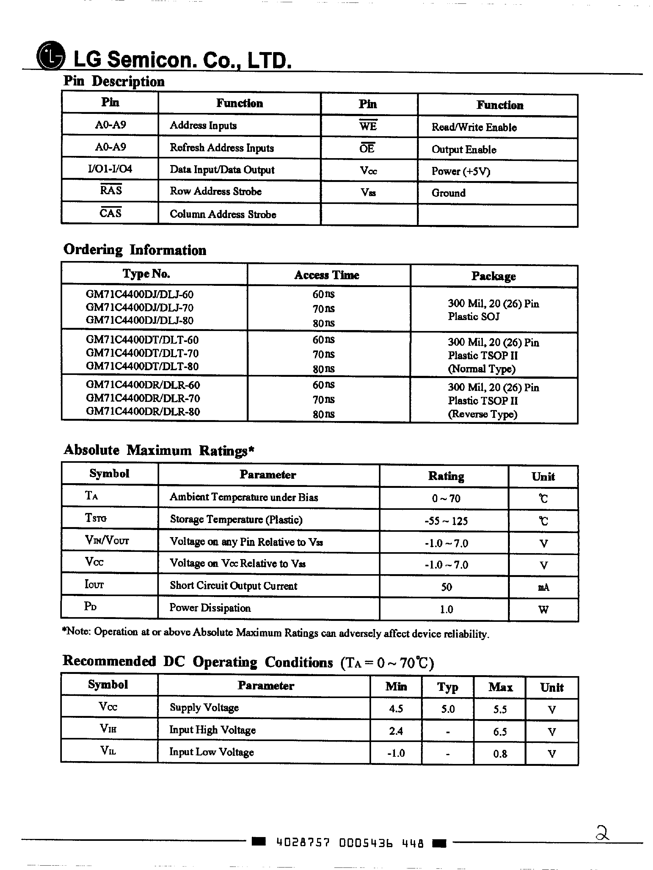 Даташит на микросхему GM71C4400D страница 2 Даташит GM71C4400D - 1M x 4 Bit CMOS DRAM страница 2