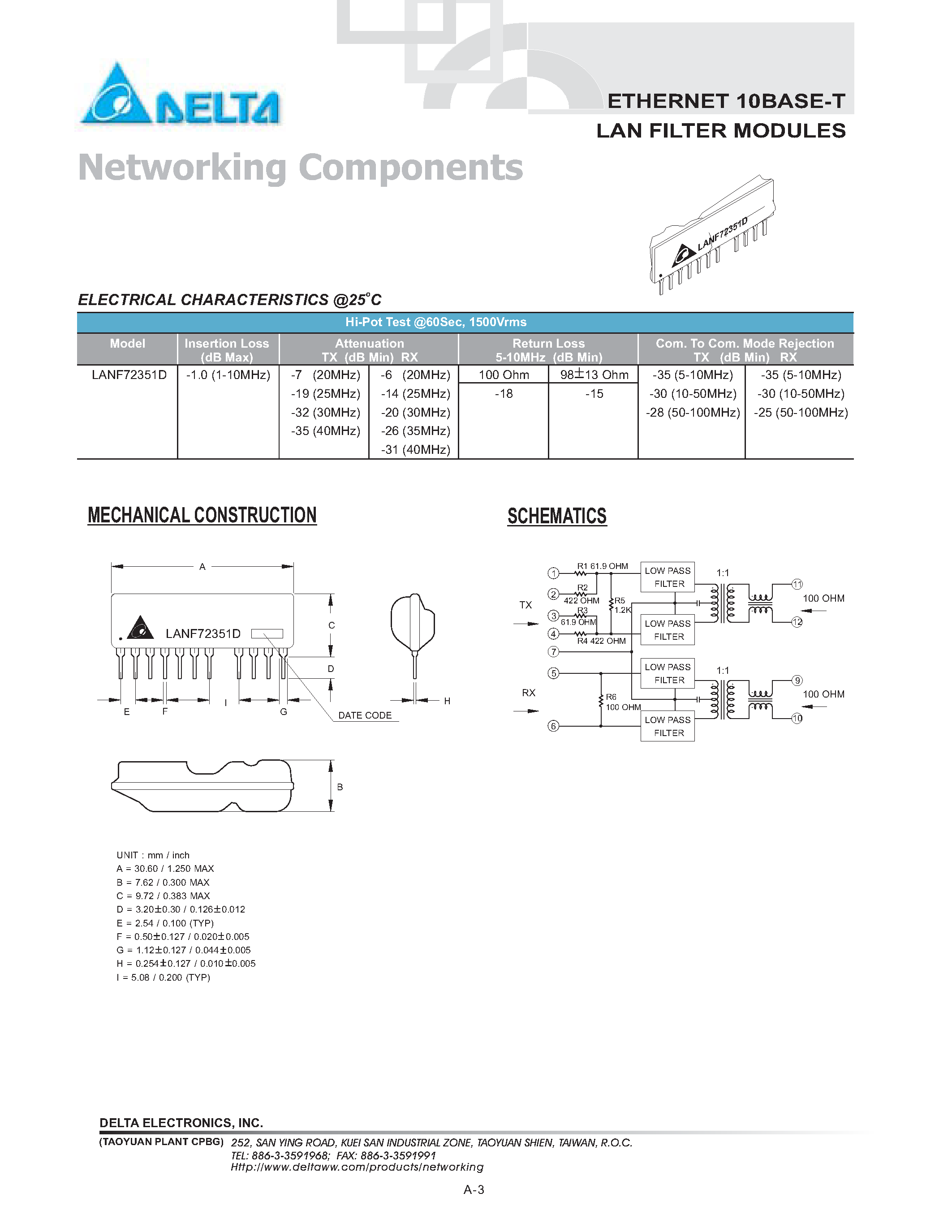 Даташит на микросхему LANF72351D страница 1 Даташит LANF72351D - ETHERNET 10BASE-T LAN FILTER MODULES страница 1