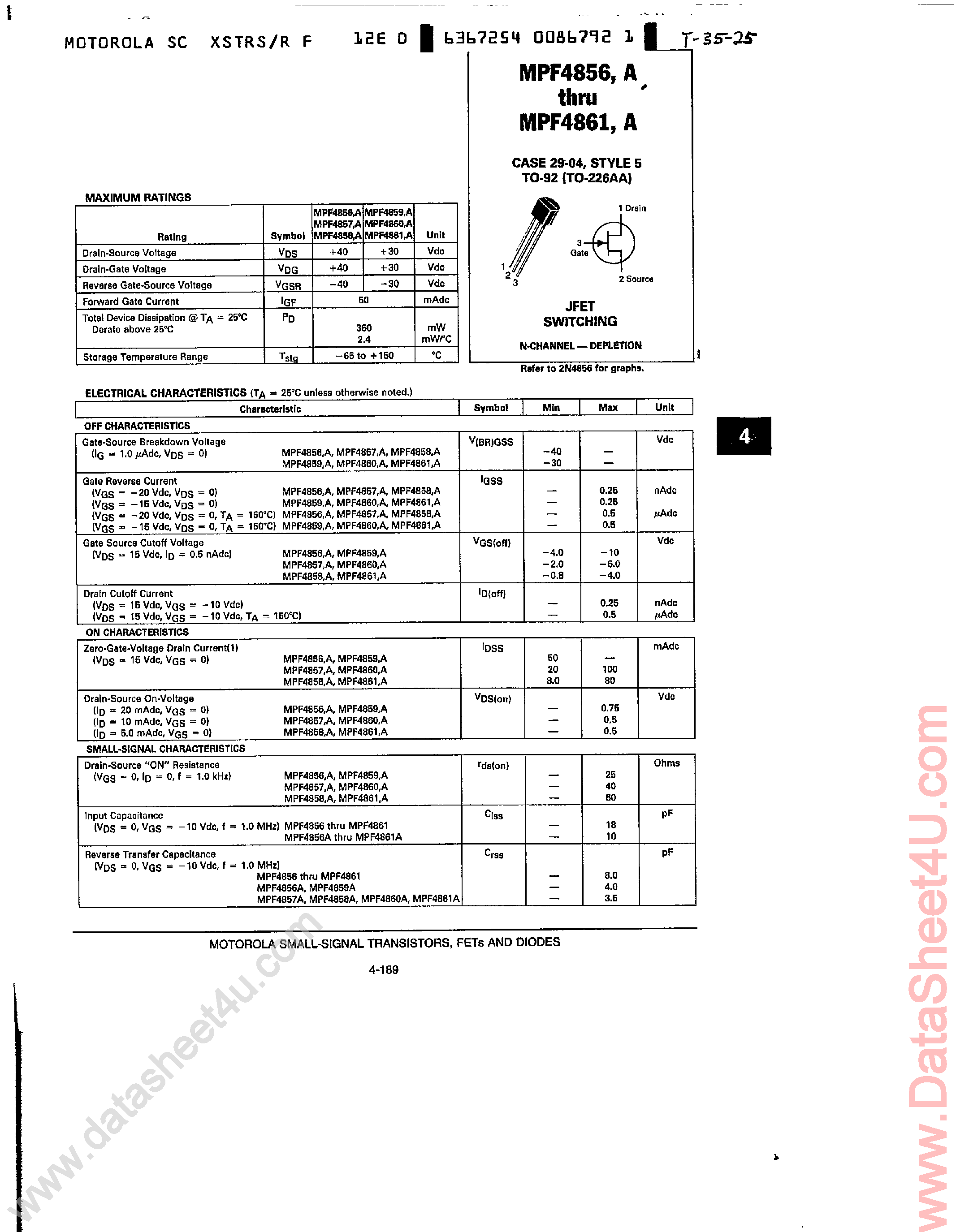 Datasheet MPF4856A page 1 Datasheet MPF4856A - (MPF4856A - MPF4861A) JFET Switching page 1