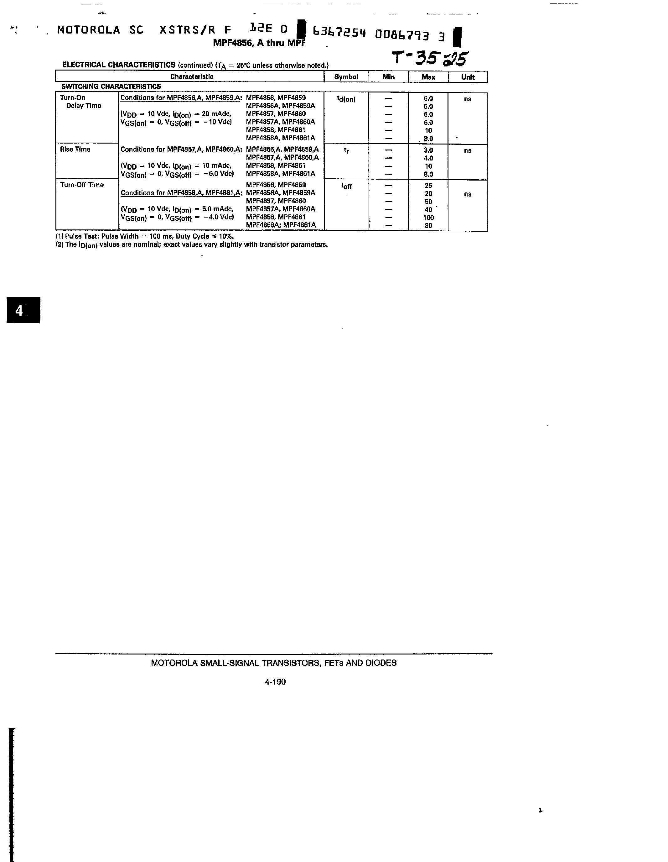 Datasheet MPF4856A page 2 Datasheet MPF4856A - (MPF4856A - MPF4861A) JFET Switching page 2