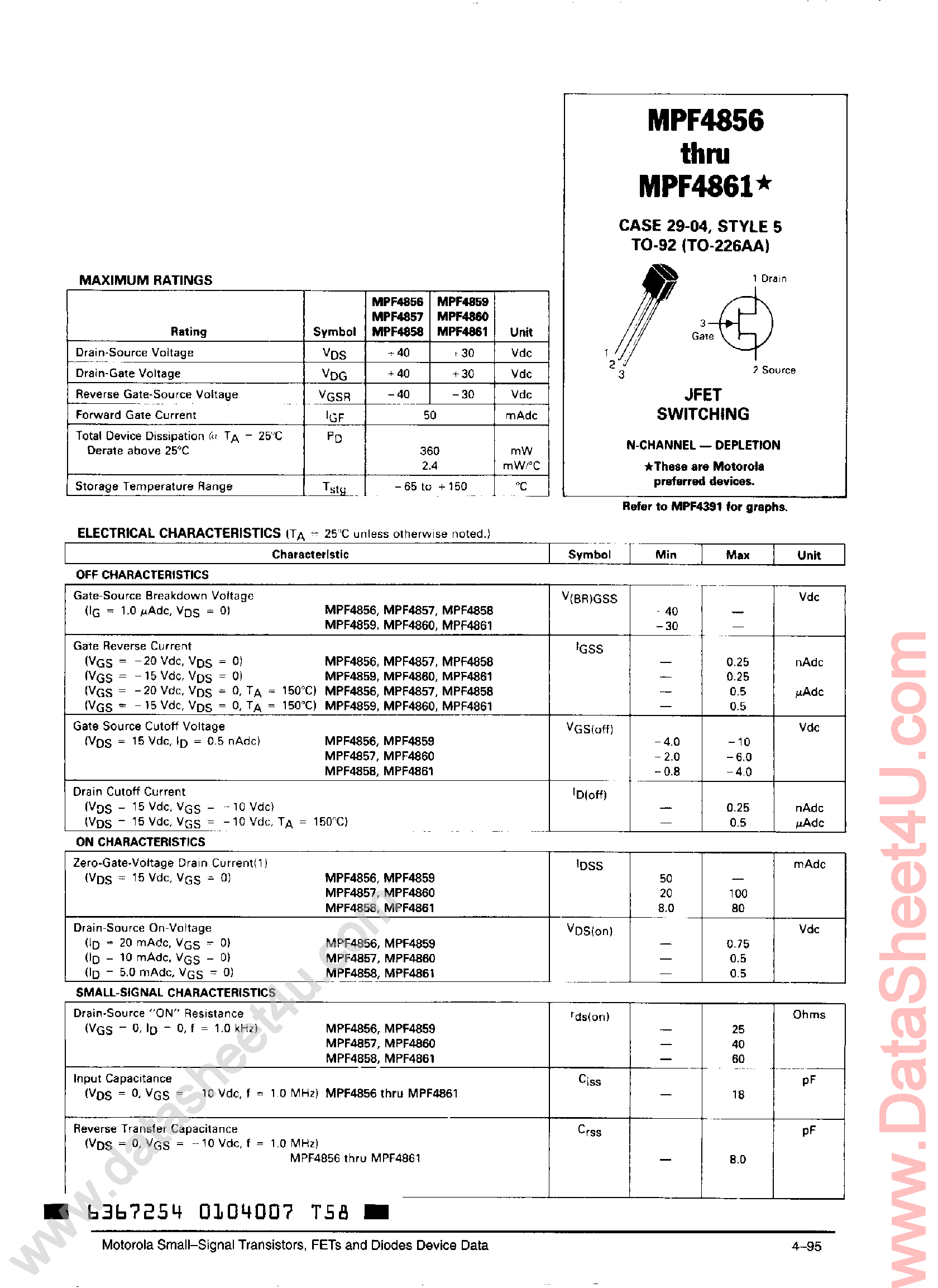 Datasheet MPF4856 page 1 Datasheet MPF4856 - (MPF4856 - MPF4861) JFET Switching page 1