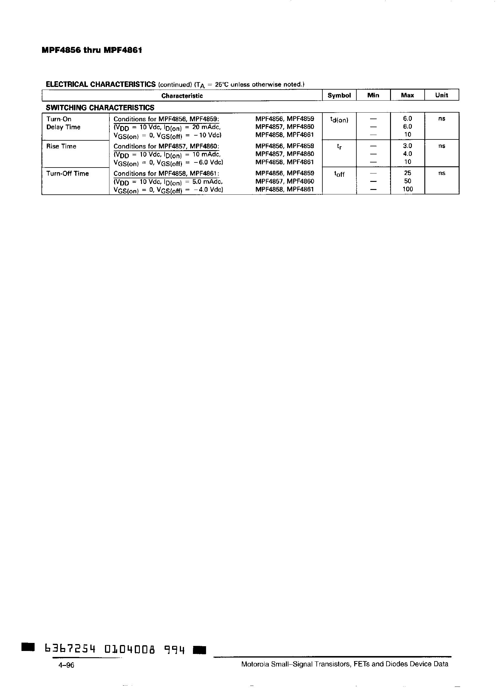 Datasheet MPF4856 page 2 Datasheet MPF4856 - (MPF4856 - MPF4861) JFET Switching page 2