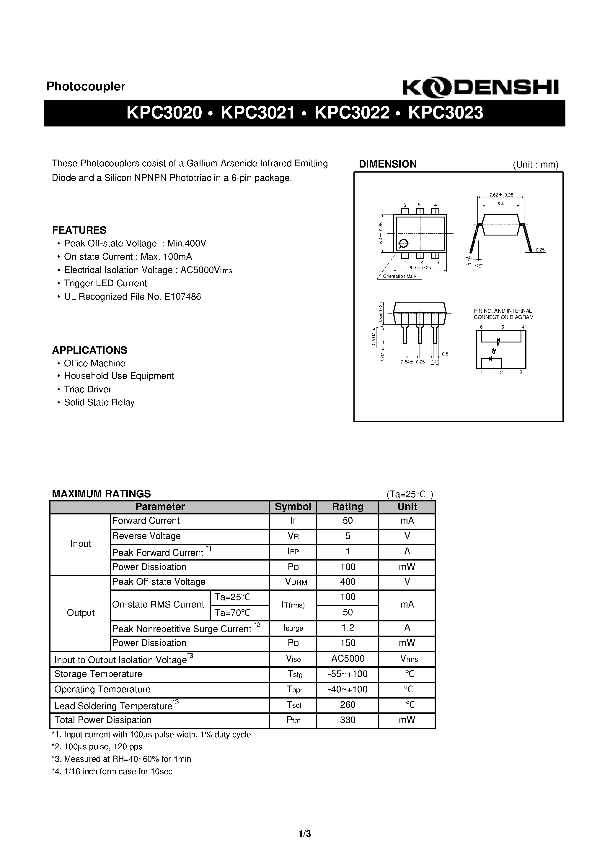 Datasheet KPC3020 - (KPC3020 - KPC3023) Photocoupler(These Photocouplers cosist of a Gallium Arsenide Infrared Emitting) page 1