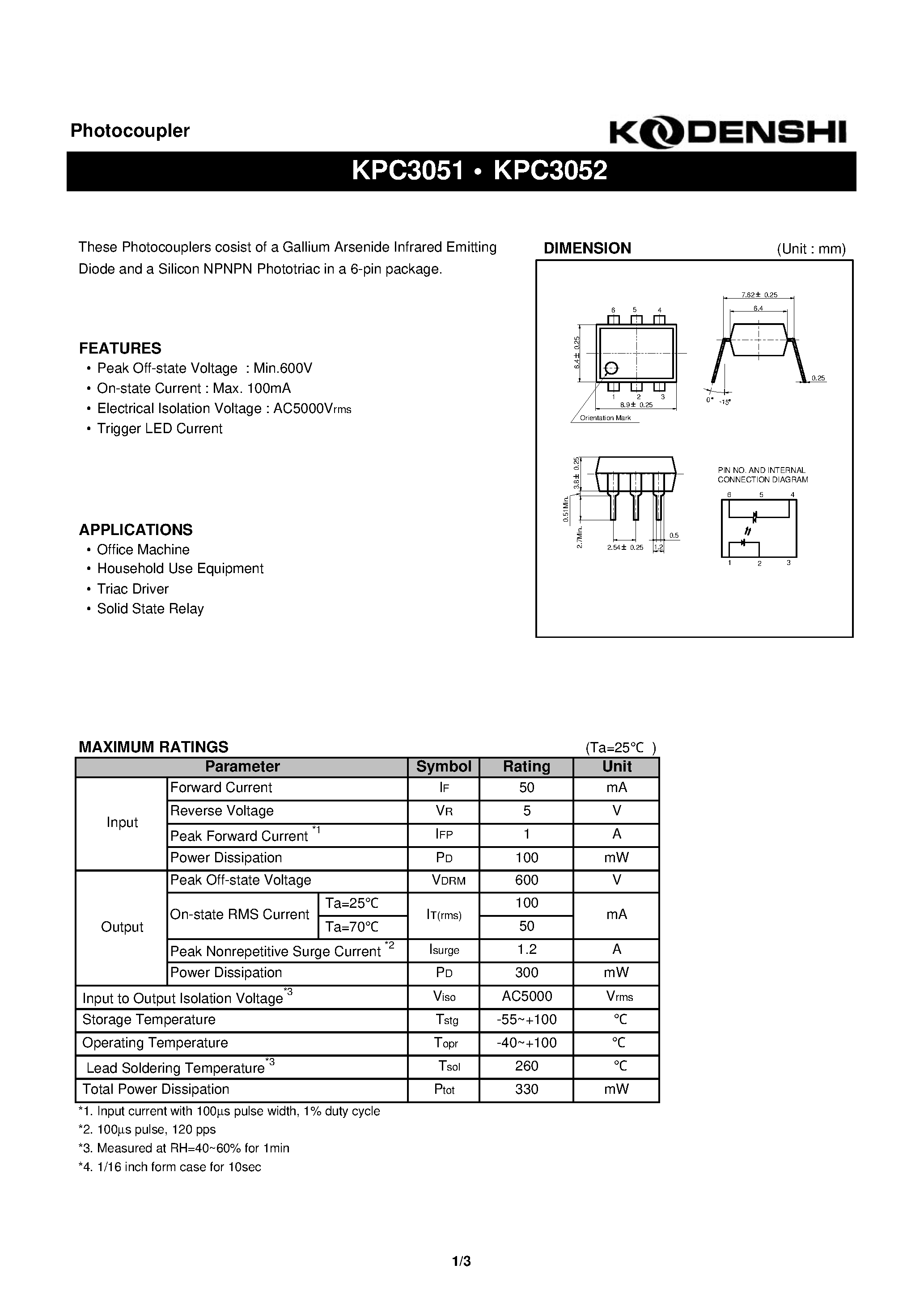 Datasheet KPC3051 - (KPC3051 / KPC3052) Photocoupler(These Photocouplers cosist of a Gallium Arsenide Infrared Emitting) page 1