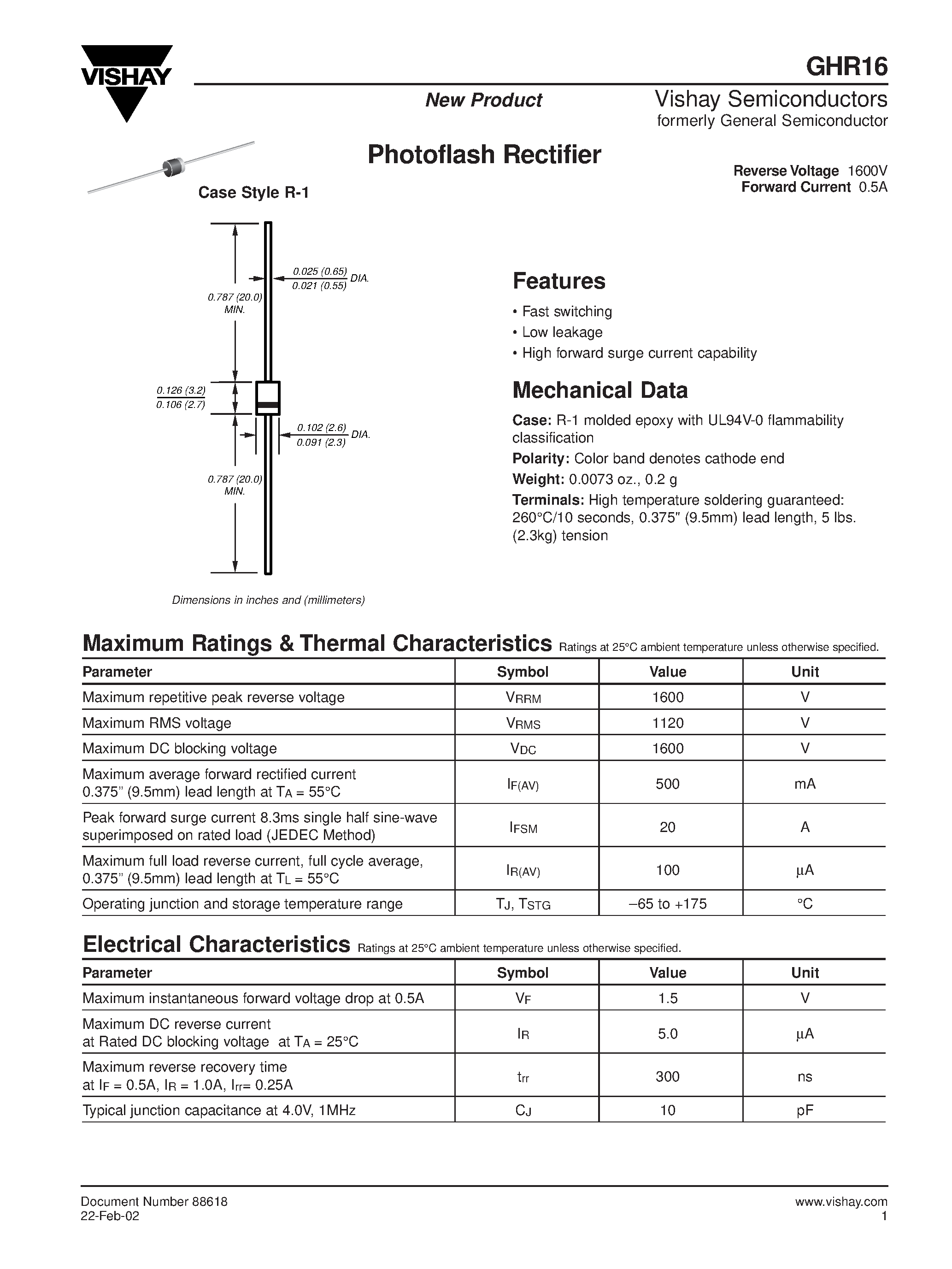 Datasheet GHR16 - Photoflash Rectifier page 1