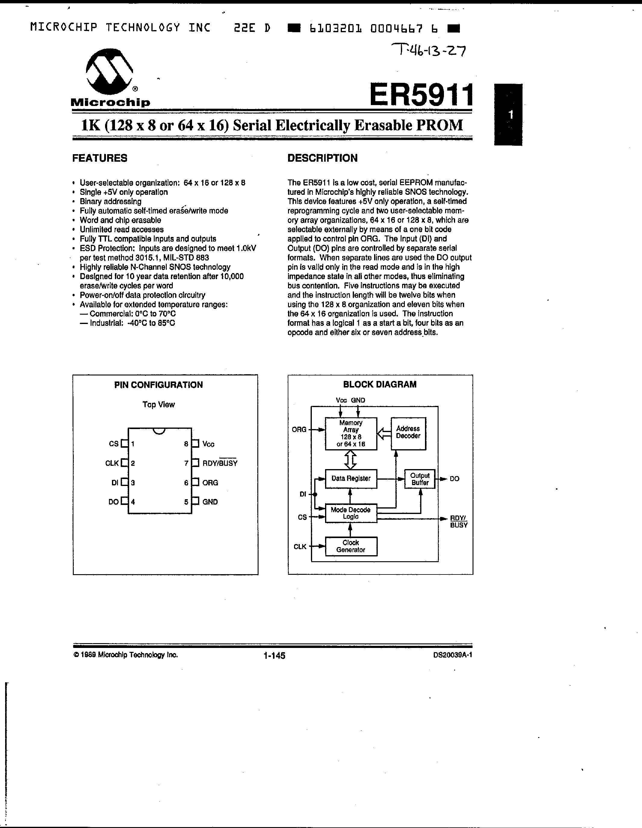 Datasheet ER5911 - 1K (128 X 8 OR 64 X 16) SERIAL ELECTRICALLY ERASABLE PROM page 1
