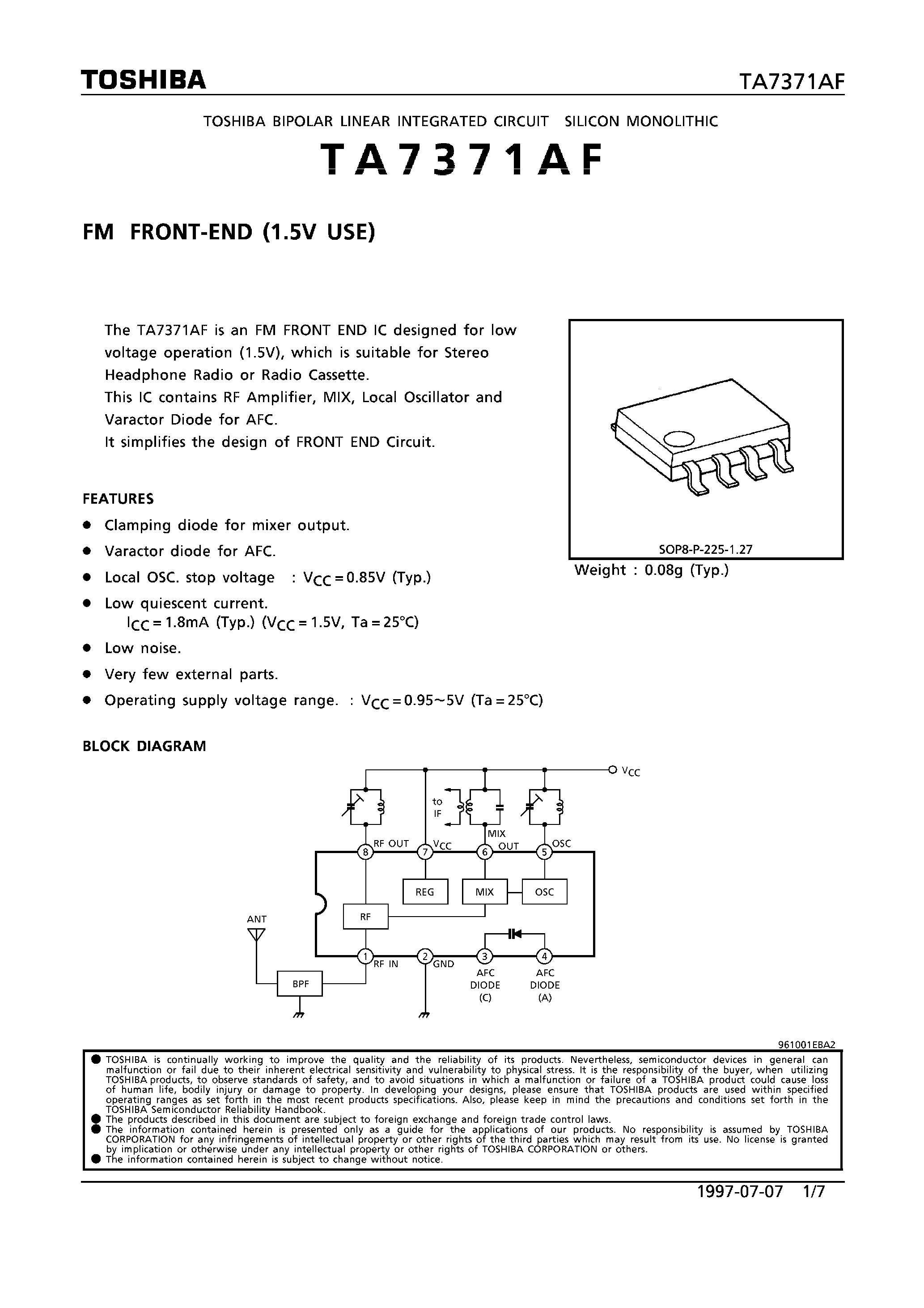 Datasheet TA7371AF - FM FRONT-END (1.5V USE) page 1