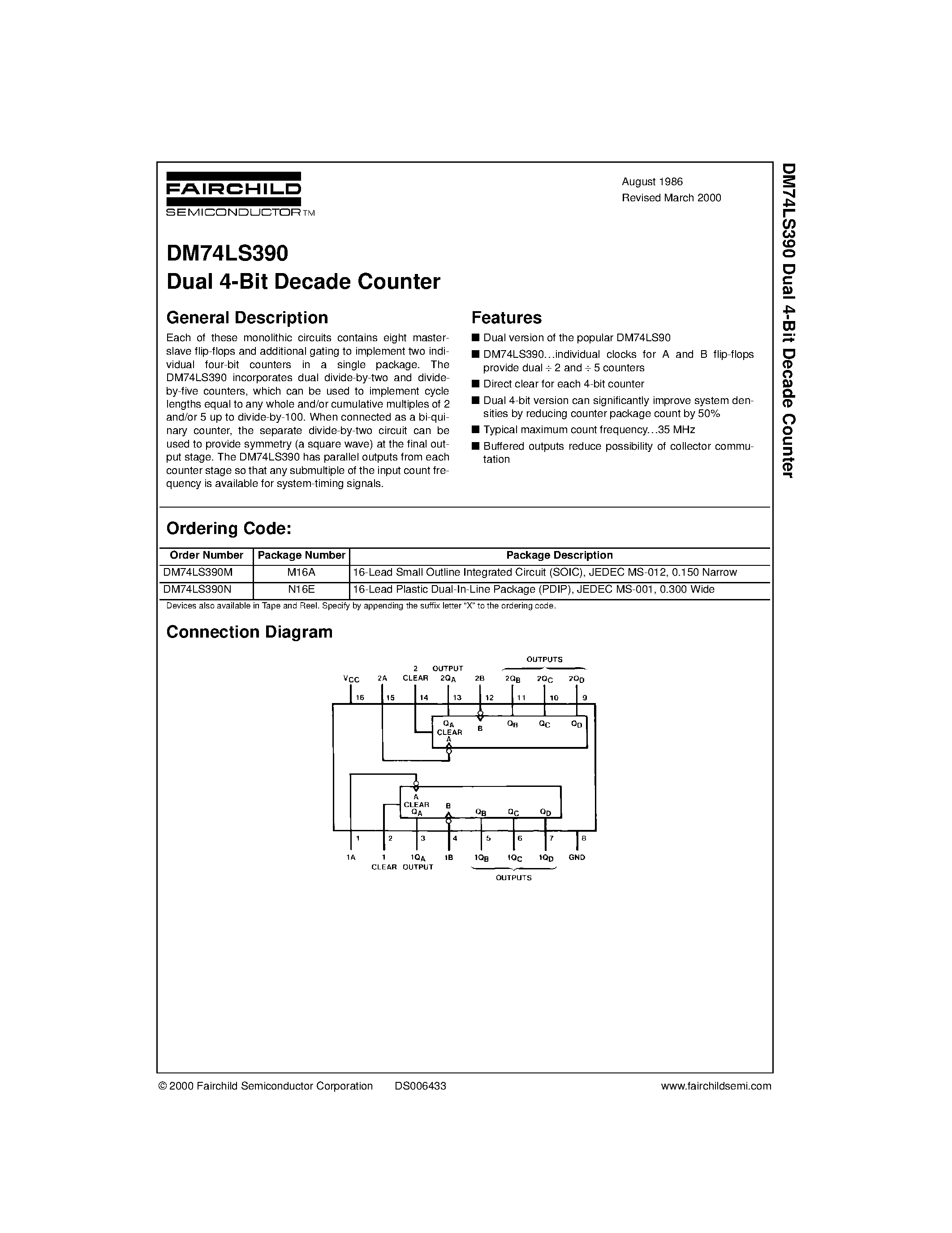 Datasheet DM74LS390 page 1 Datasheet DM74LS390 - Dual 4-Bit Decade Counter page 1