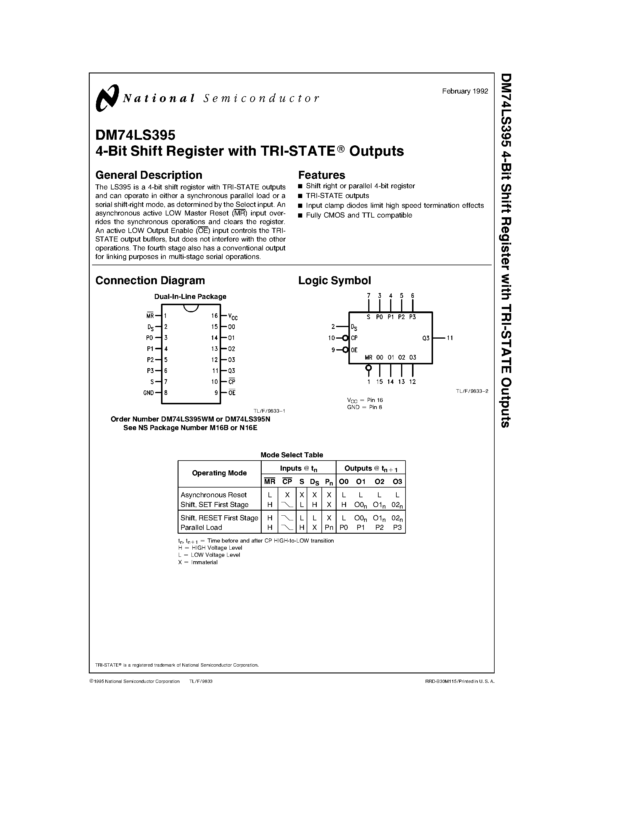 Даташит DM74LS395 - 4-Bit Shift Register with TRI-STATE Outputs страница 1