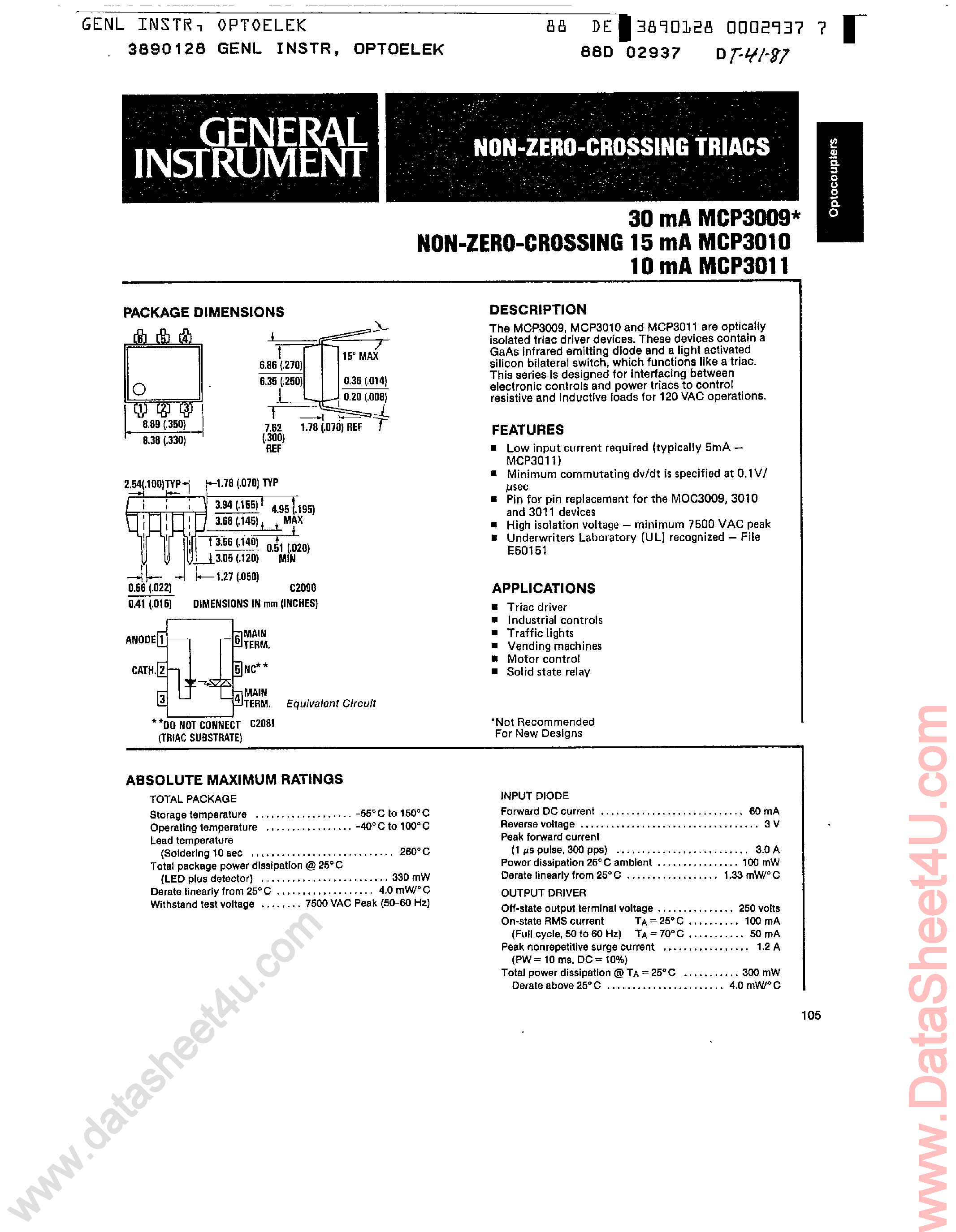Datasheet MCP3009 page 1 Datasheet MCP3009 - (MCP3009 - MCP3011) NON Zero Crossing Triacs page 1