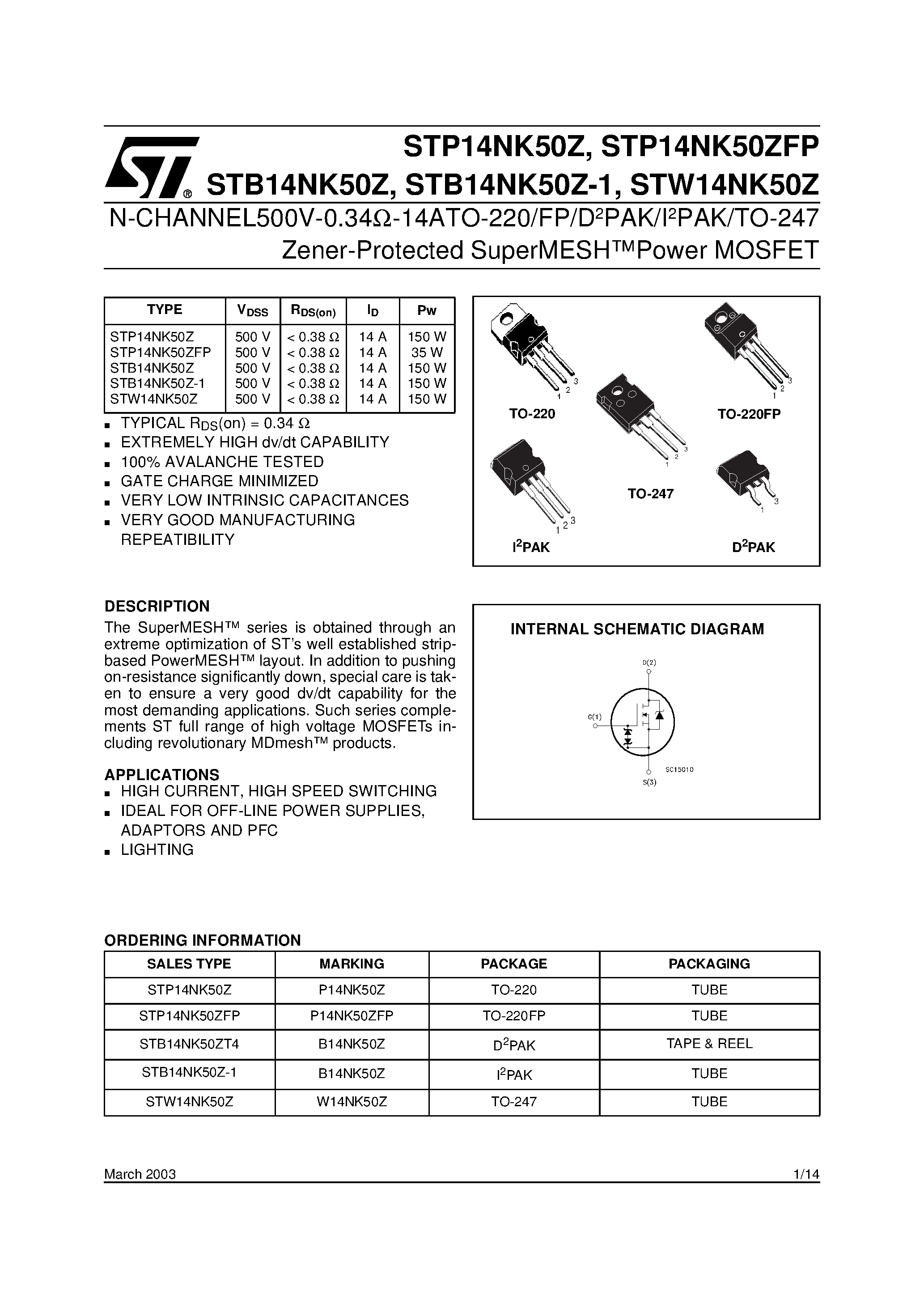 Datasheet STP14NK50Z page 1 Datasheet STP14NK50Z - N-CHANNEL Power MOSFET page 1