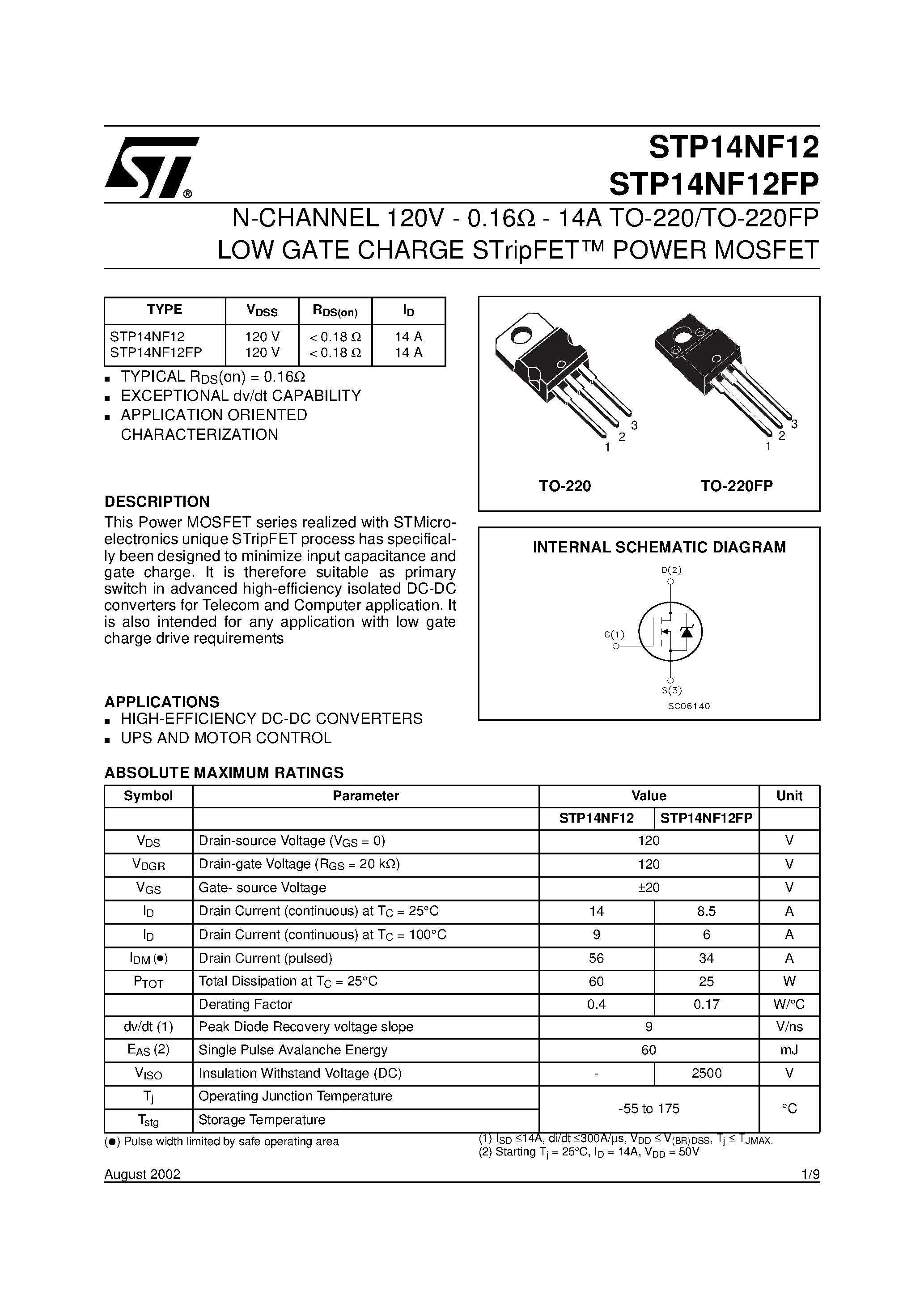 Datasheet STP14NF12 page 1 Datasheet STP14NF12 - N-CHANNEL Power MOSFET page 1
