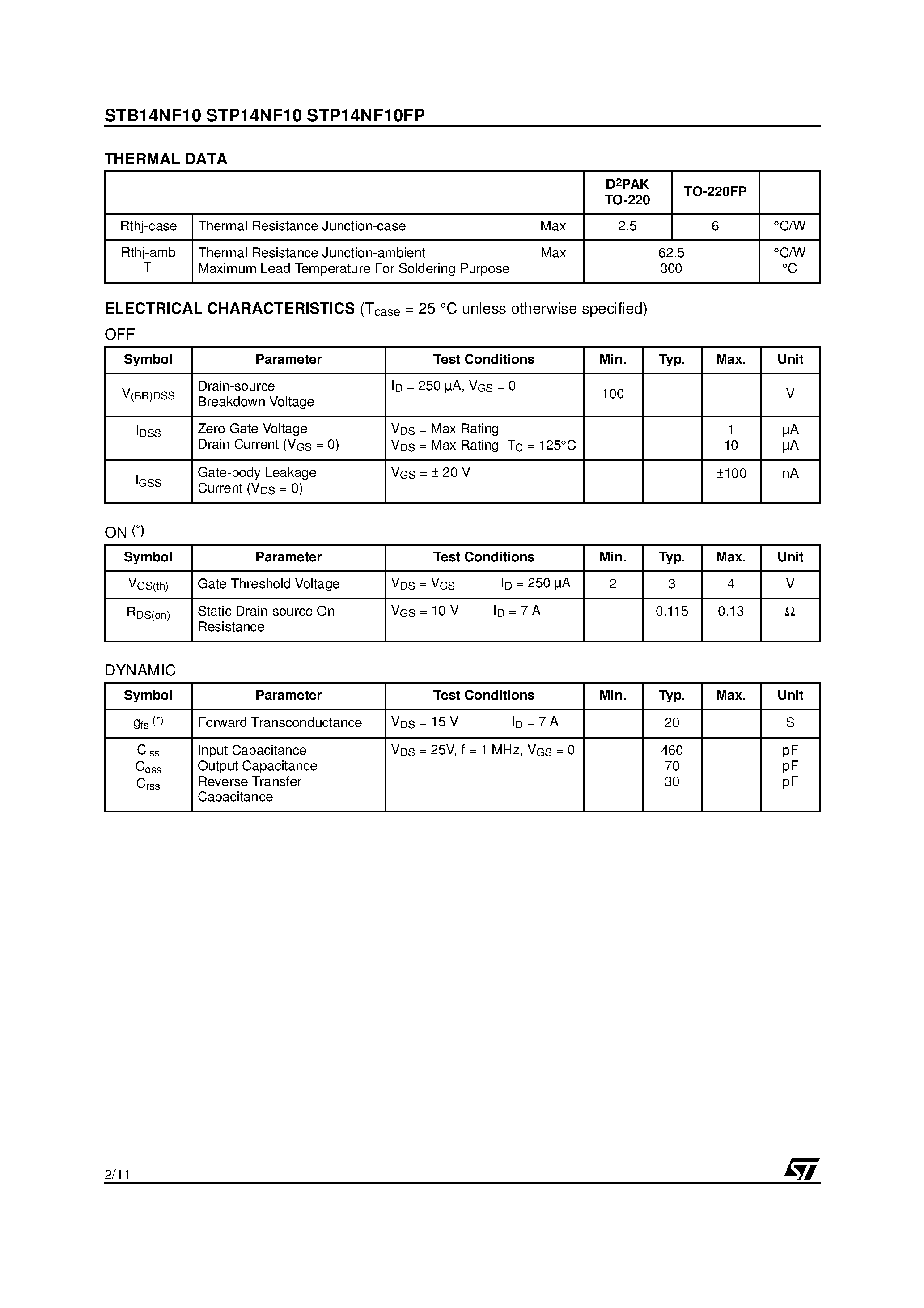 Datasheet STP14NF10 page 2 Datasheet STP14NF10 - N-CHANNEL Power MOSFET page 2