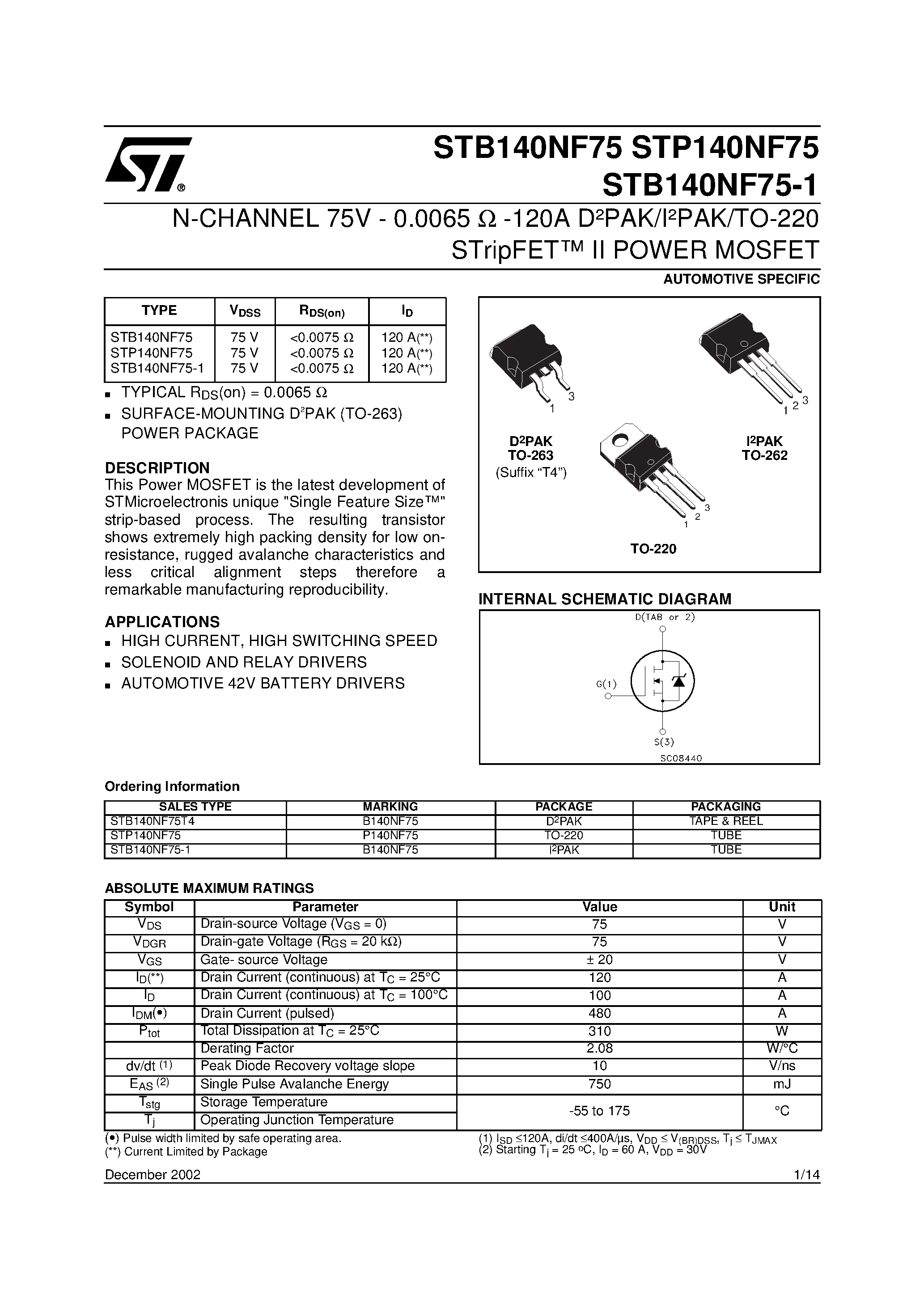 Datasheet STP140NF75 page 1 Datasheet STP140NF75 - N-CHANNEL Power MOSFET page 1