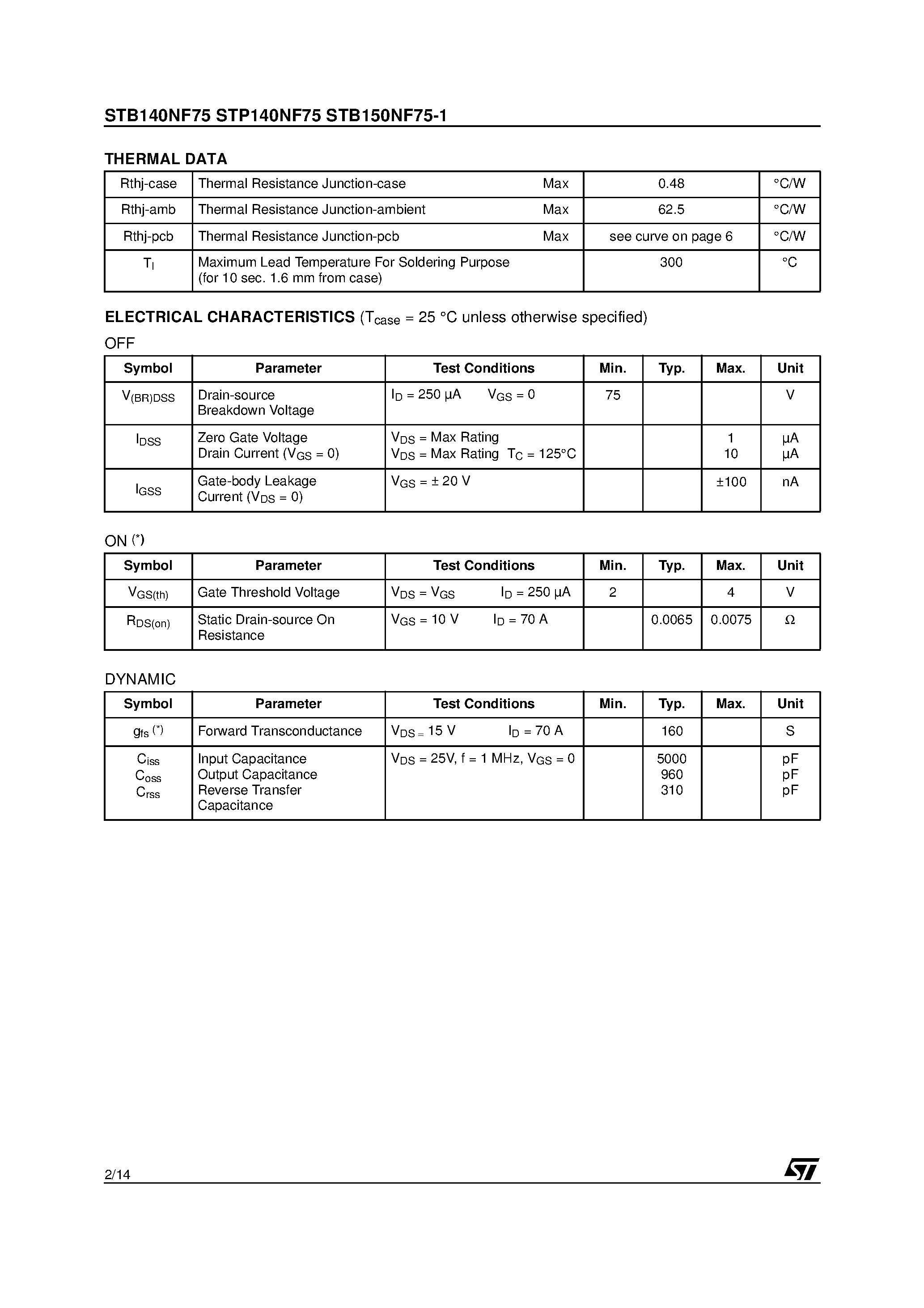 Datasheet STP140NF75 page 2 Datasheet STP140NF75 - N-CHANNEL Power MOSFET page 2