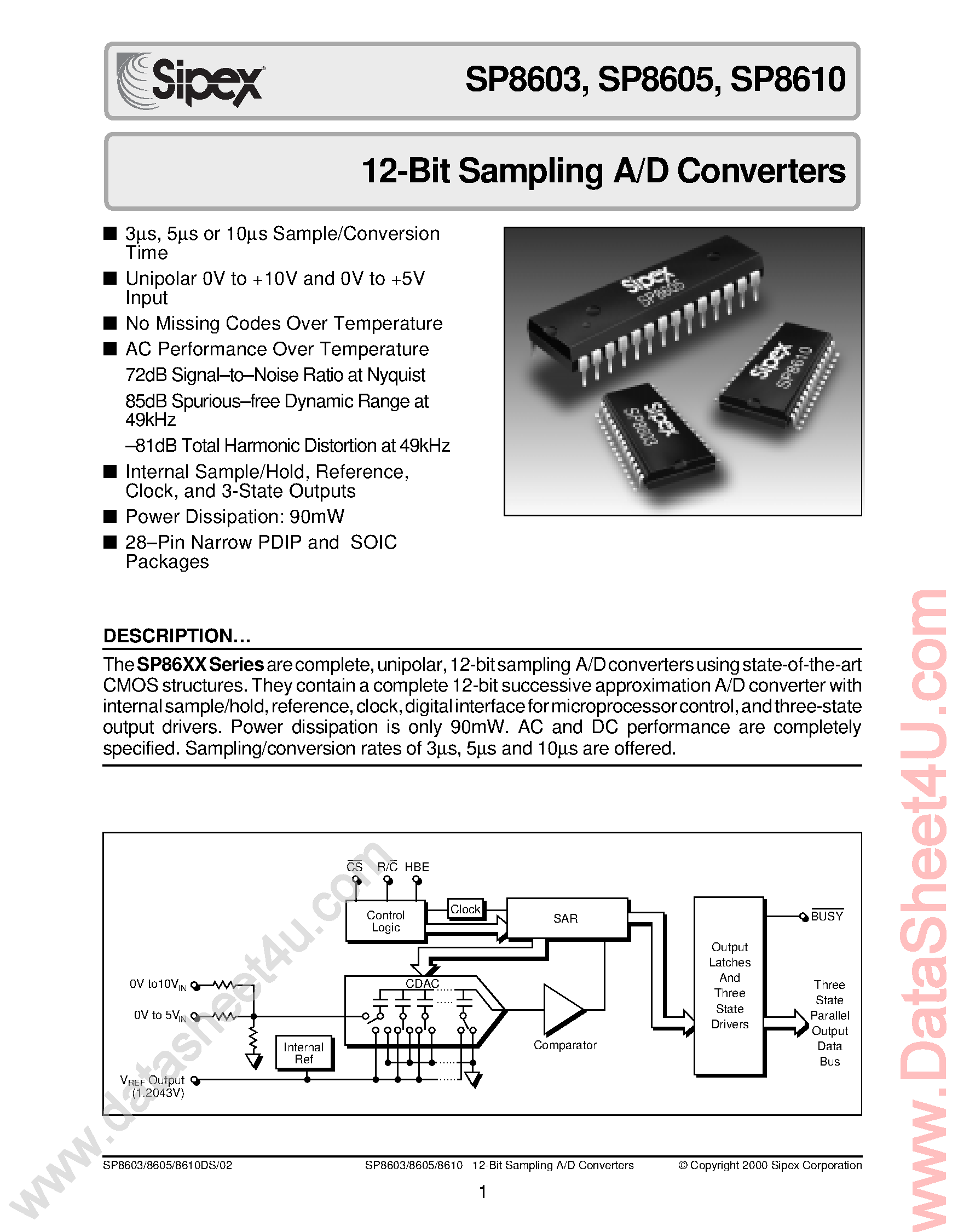 Даташит SP8603 - (SP8603 / SP8605 / SP8610) 12-Bit Sampling A/D Converters страница 1