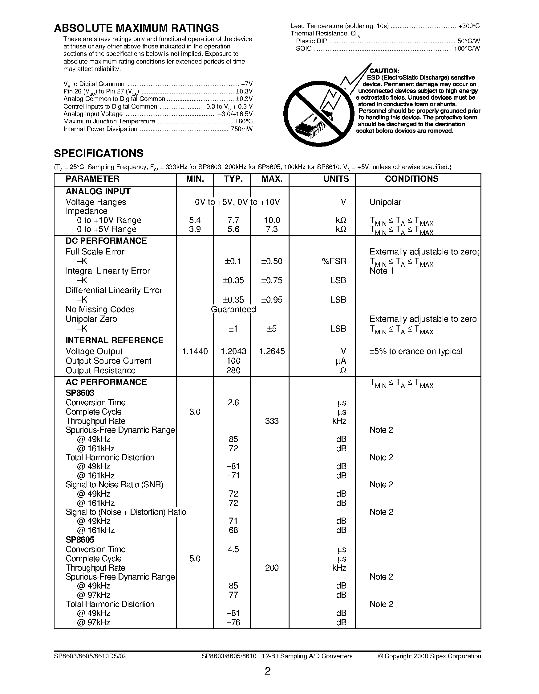 Даташит SP8603 - (SP8603 / SP8605 / SP8610) 12-Bit Sampling A/D Converters страница 2