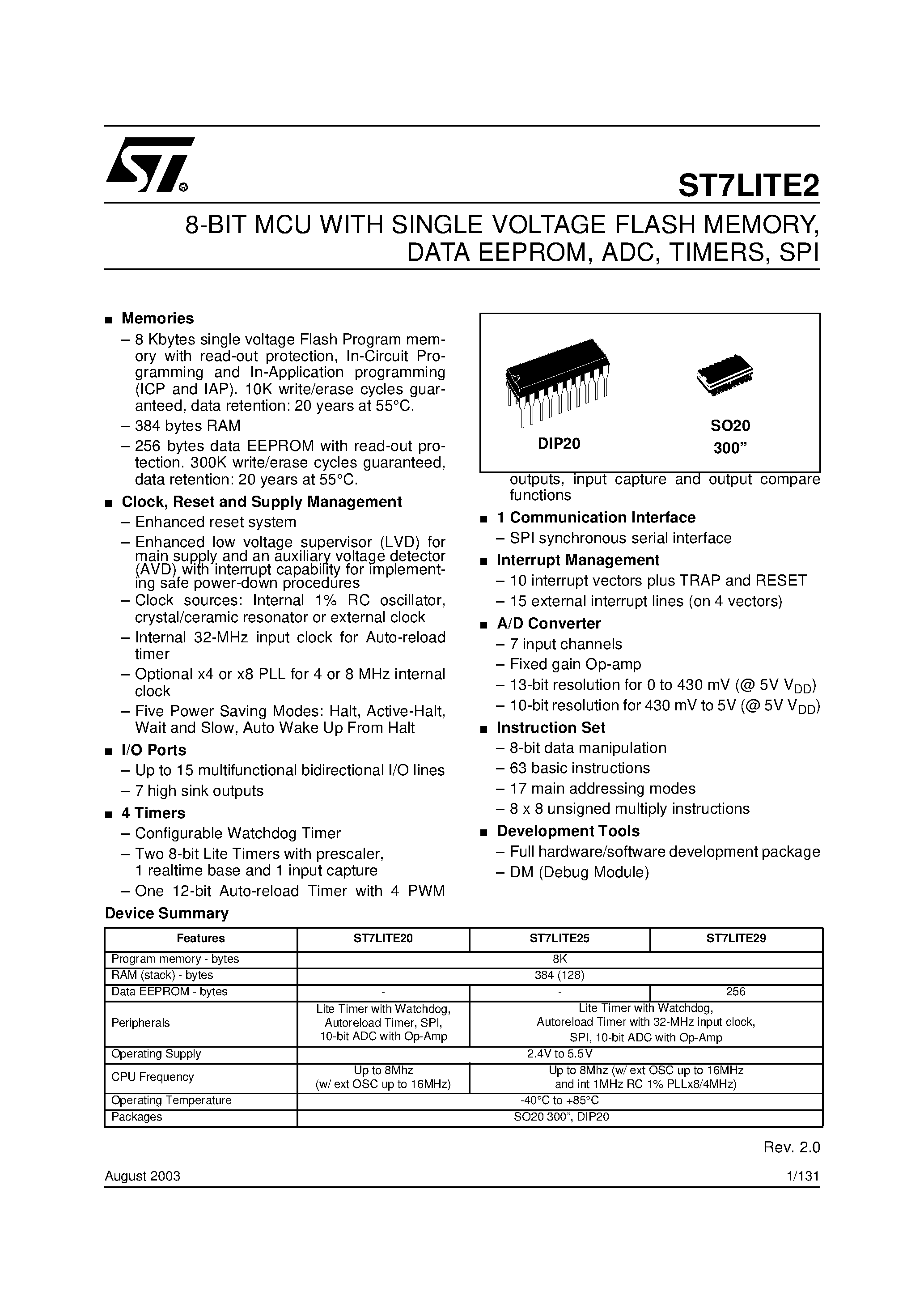 Даташит ST7LITE2 - 8-BIT MCU WITH SINGLE VOLTAGE FLASH MEMORY страница 1