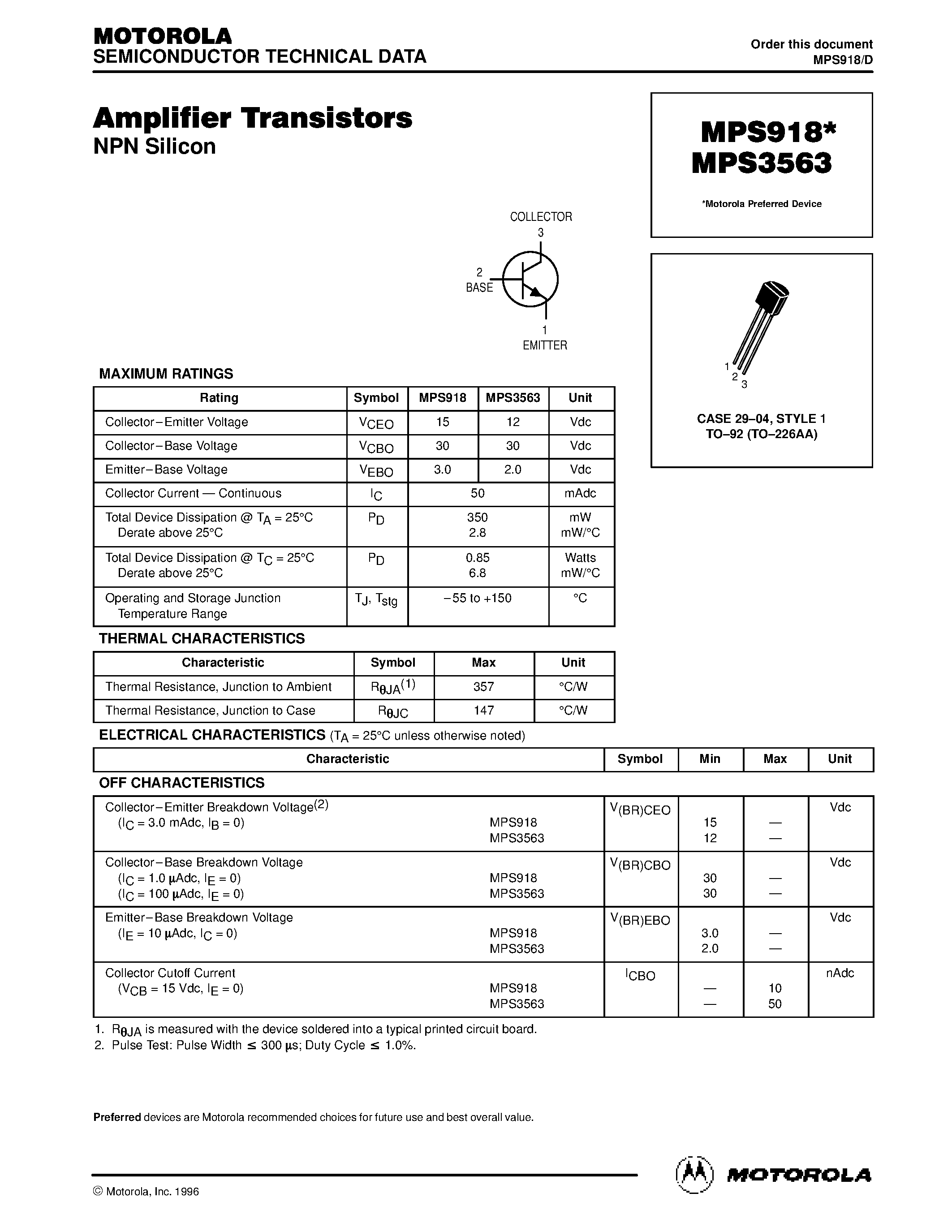 Datasheet MPS3563 page 1 Datasheet MPS3563 - (MPS918 / MPS3563) Amplifier Transistors page 1