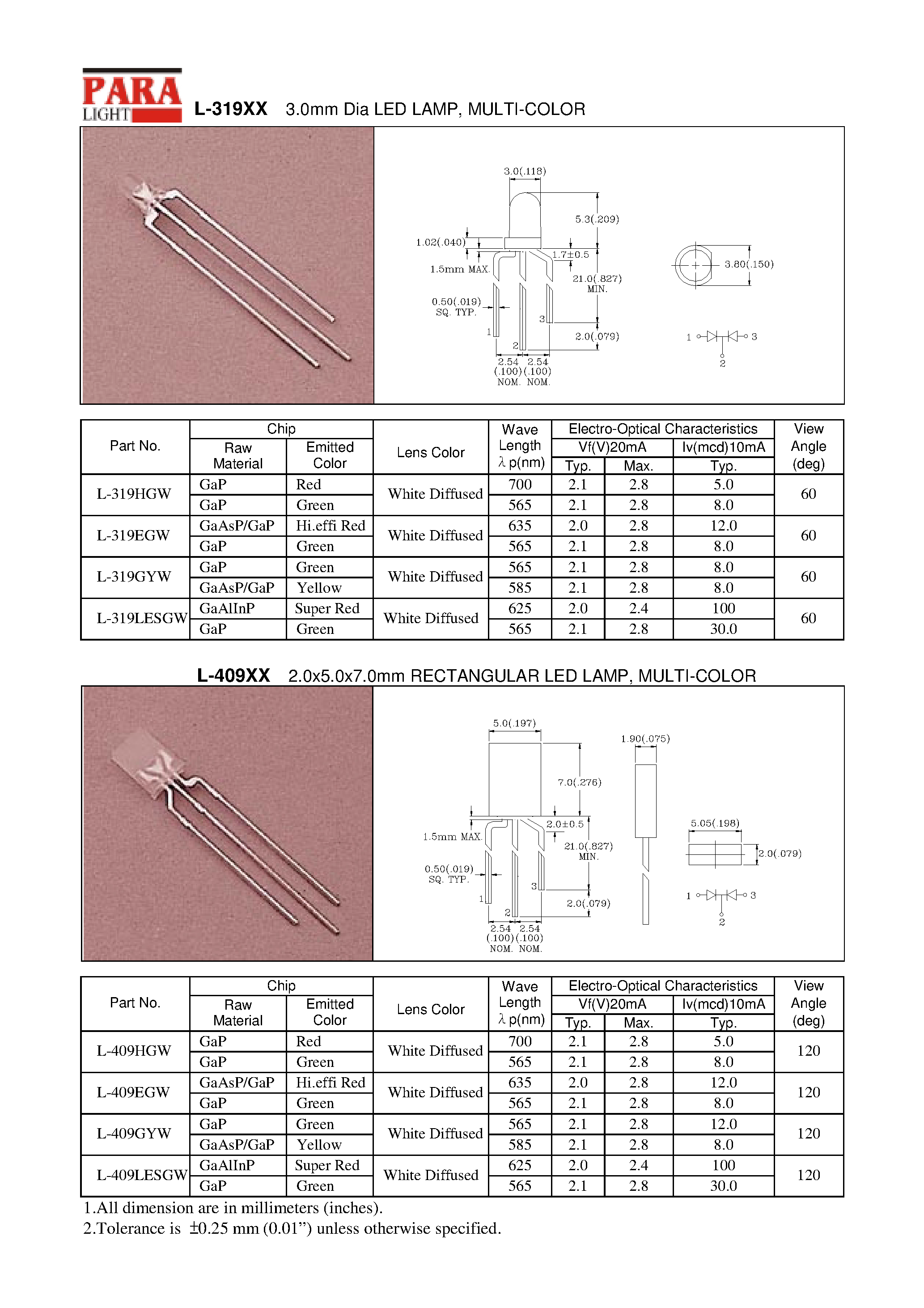 Datasheet L-319 page 1 Datasheet L-319 - 3.0mm Dia LED LAMP / MULTI-COLOR page 1