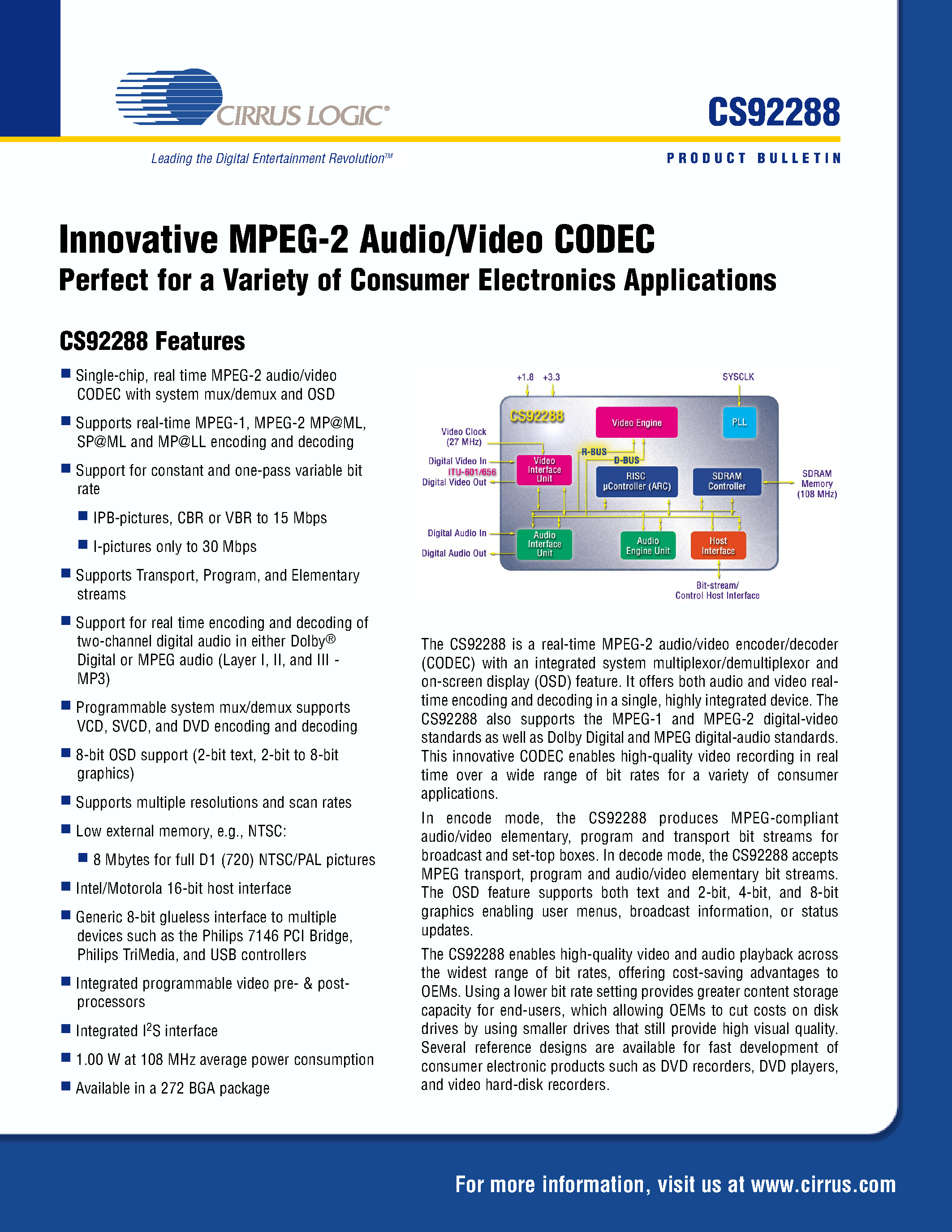 Даташит CS92288 - Innovative MPEG-2 Audio / Video Codec страница 1