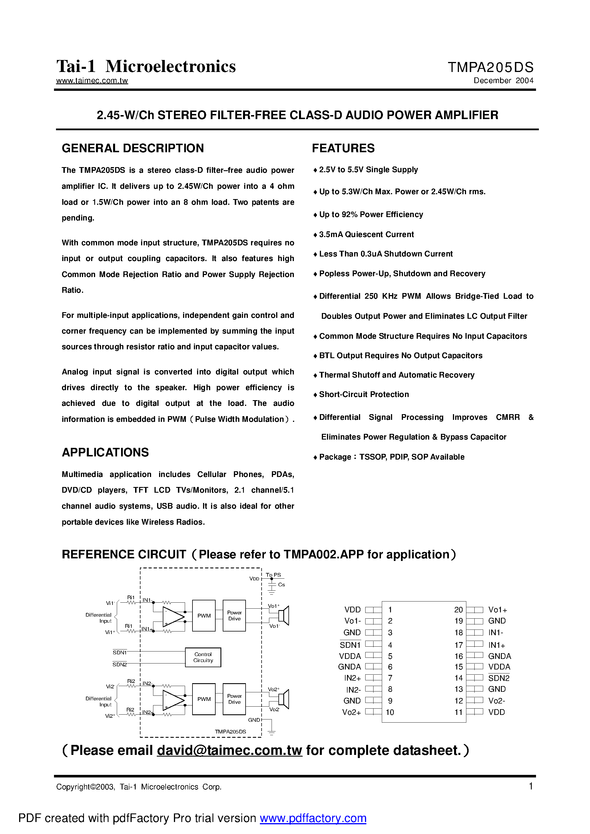 Даташит на микросхему TMPA205DS страница 1 Даташит TMPA205DS - 2.45-W/Ch STEREO FILTER-FREE CLASS-D AUDIO POWER AMPLIFIER страница 1