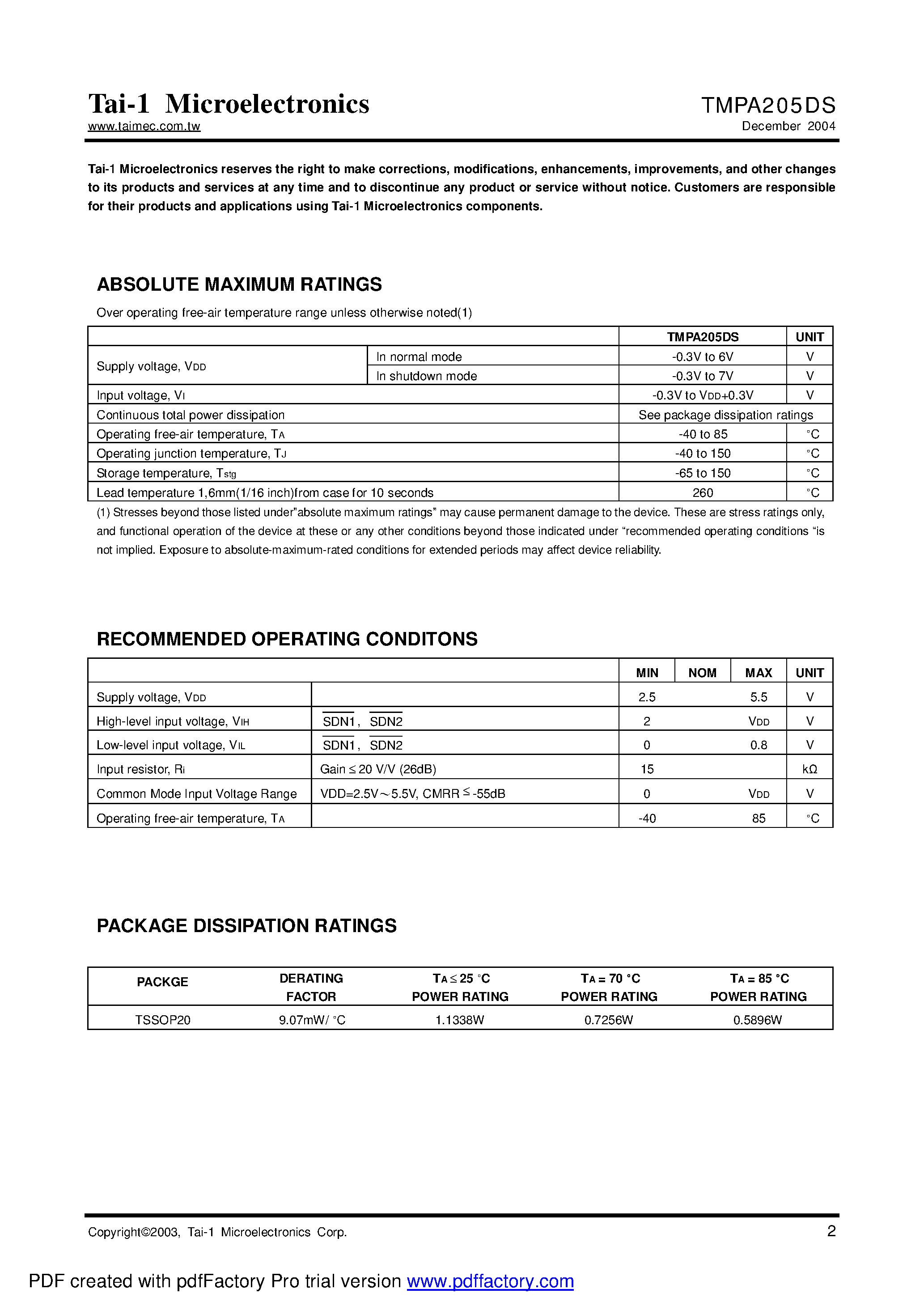 Даташит на микросхему TMPA205DS страница 2 Даташит TMPA205DS - 2.45-W/Ch STEREO FILTER-FREE CLASS-D AUDIO POWER AMPLIFIER страница 2