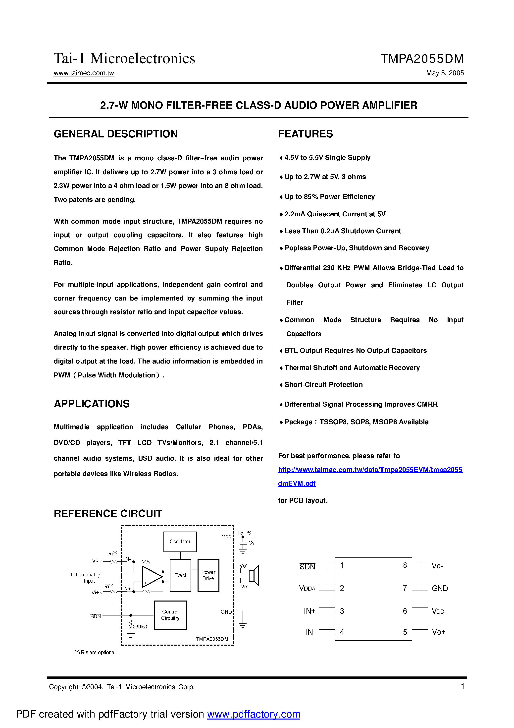 Datasheet TMPA2055DM - 2.7-W MONO FILTER-FREE CLASS-D AUDIO POWER AMPLIFIER page 1