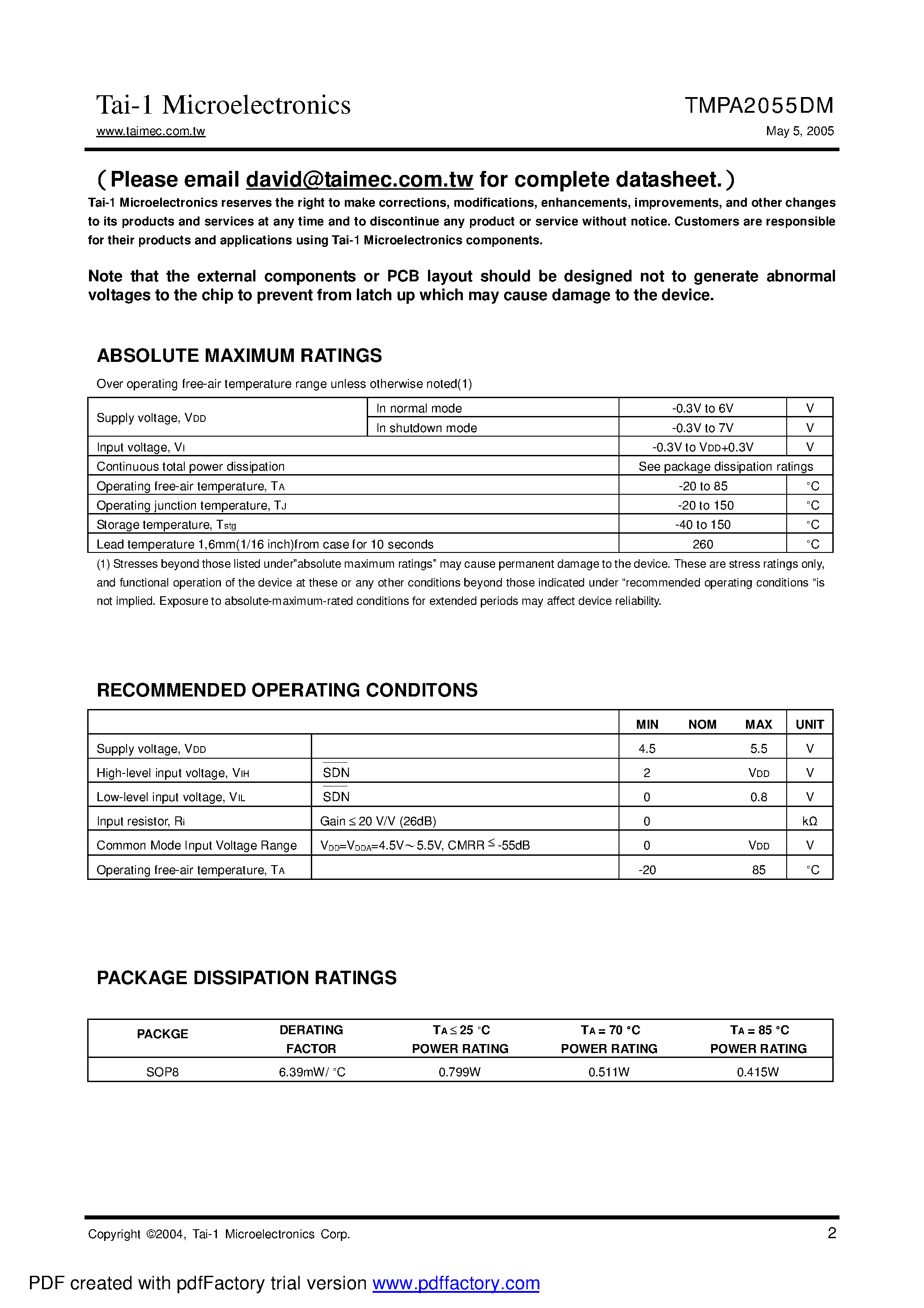 Datasheet TMPA2055DM page 2 Datasheet TMPA2055DM - 2.7-W MONO FILTER-FREE CLASS-D AUDIO POWER AMPLIFIER page 2