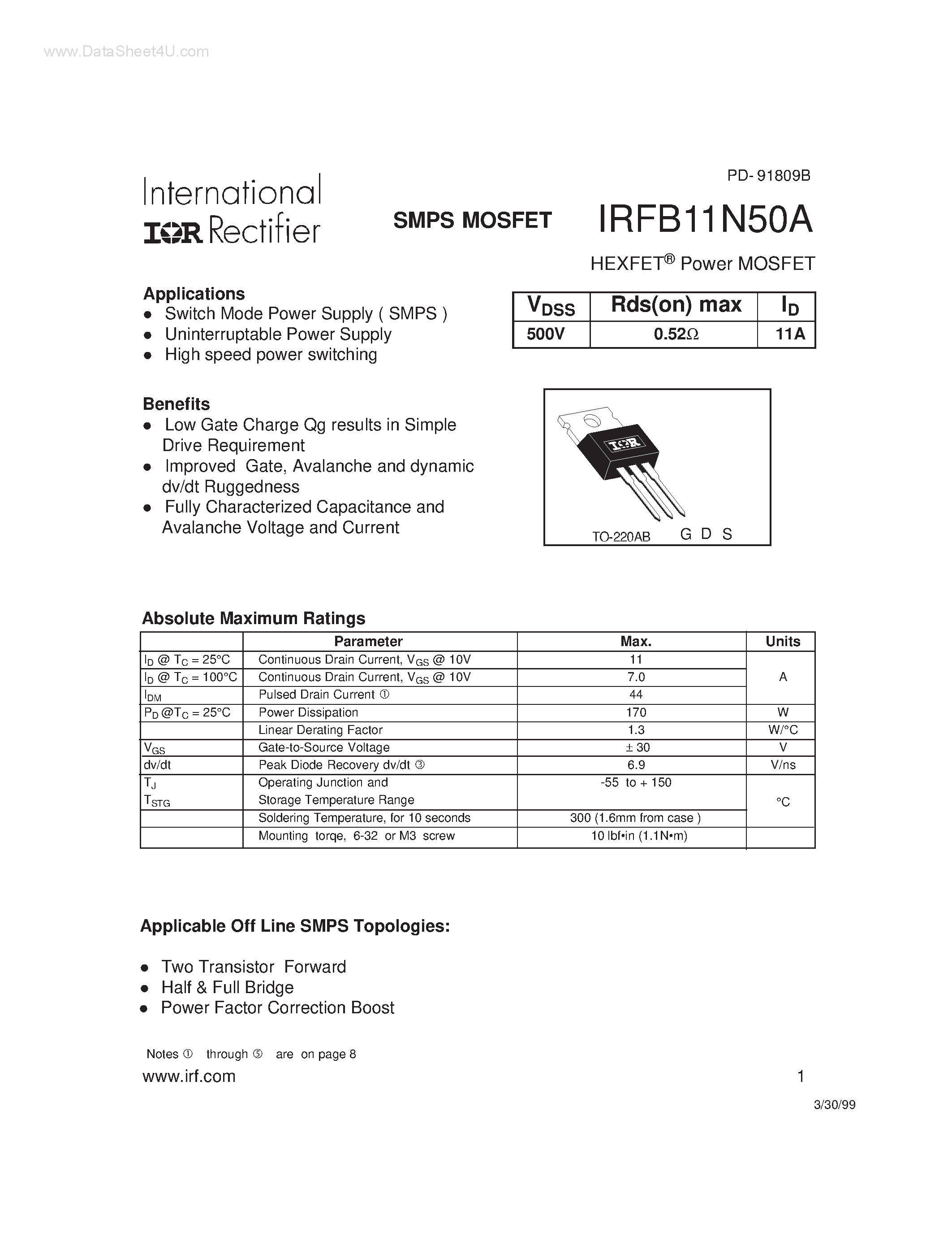 Datasheet FB11N50A - Search -----> IRFB11N50A page 1