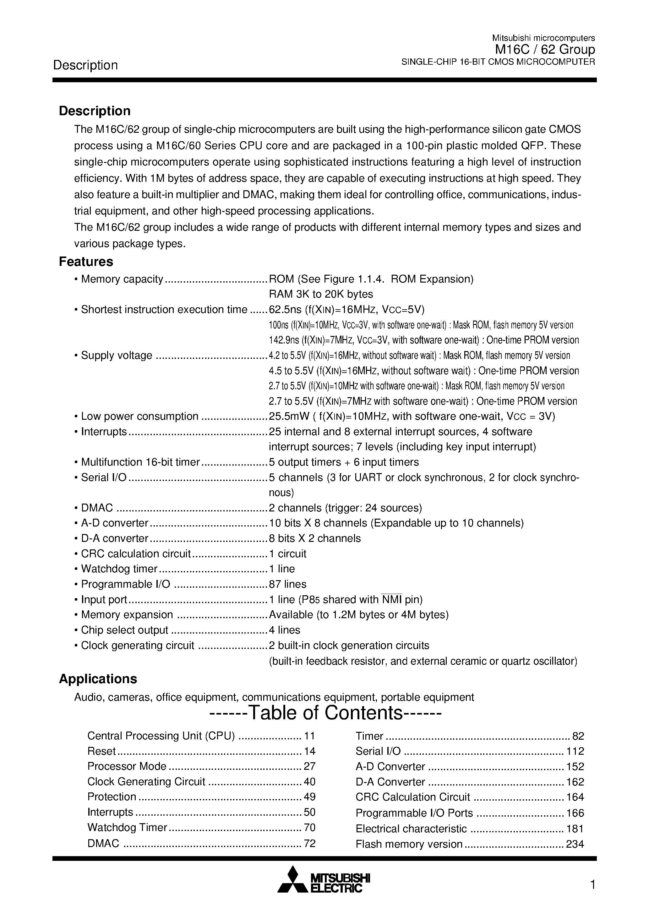 Datasheet M30622MA page 1 Datasheet M30622MA - (M30622MA/B/C) SINGLE-CHIP 16-BIT CMOS MICROCOMPUTER page 1