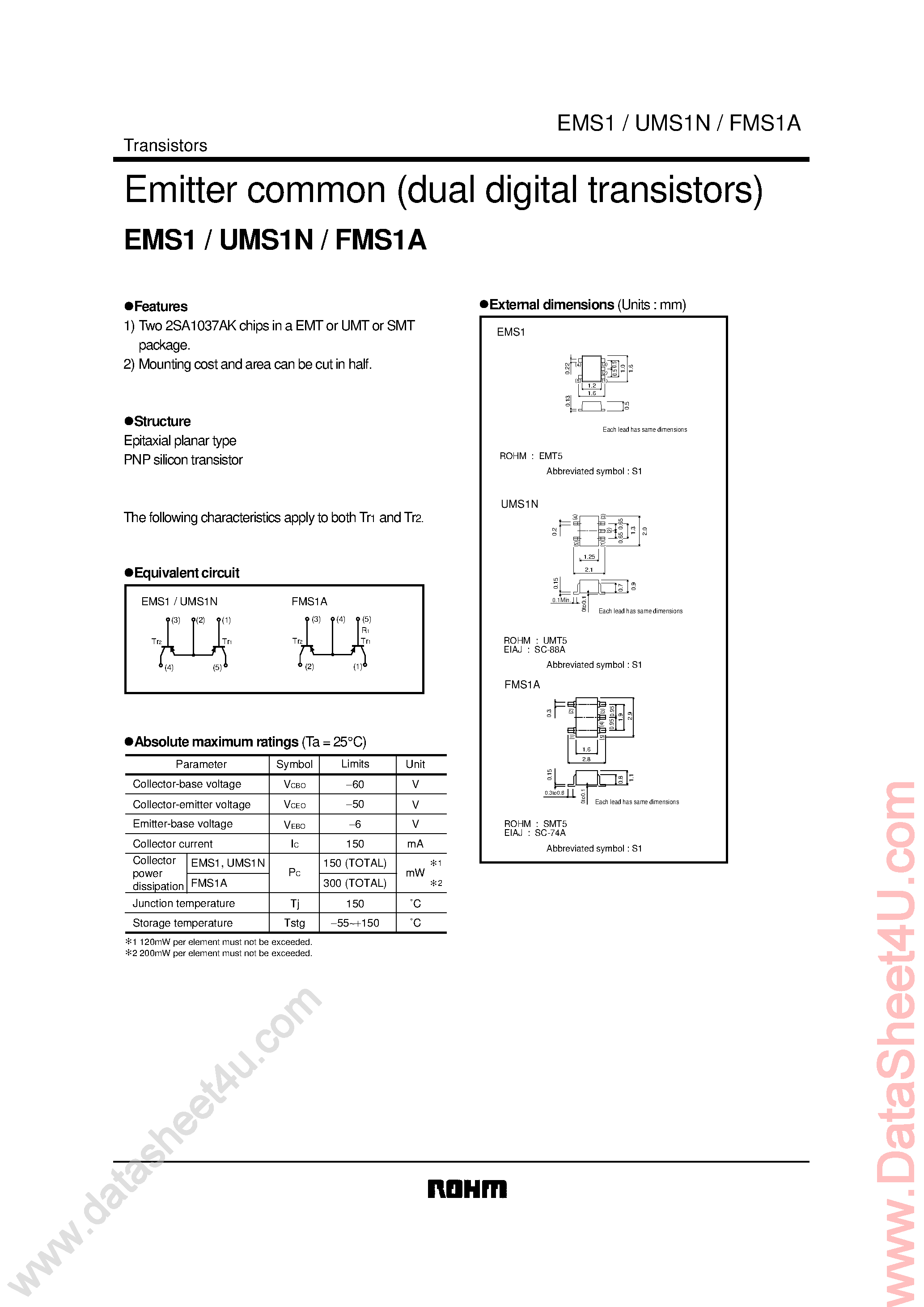 Даташит EMS1 - Emitter Common Dual Digital Transistors страница 1