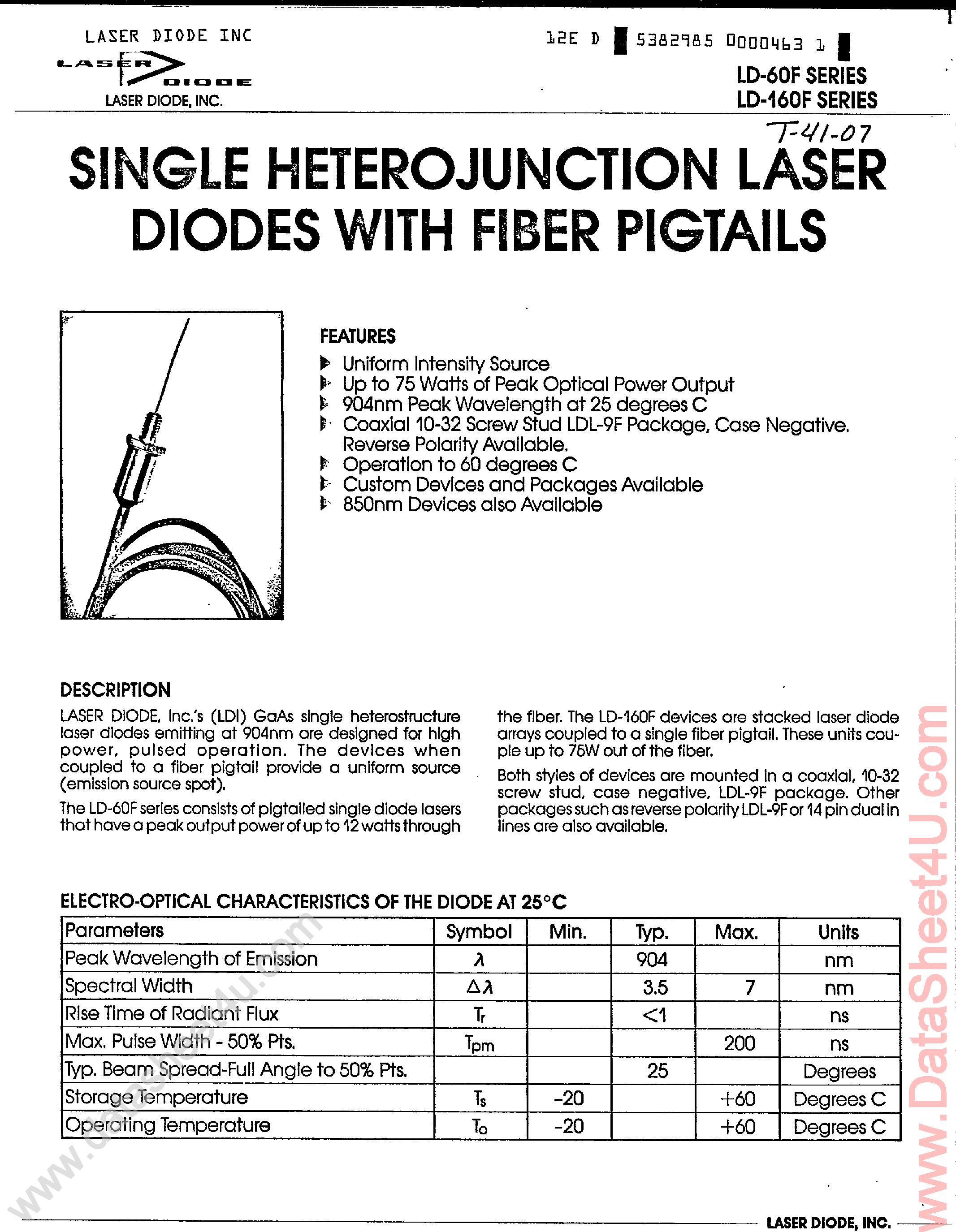 Datasheet LD-160F - Single Heterojunction Stacked Diode Lasers page 1