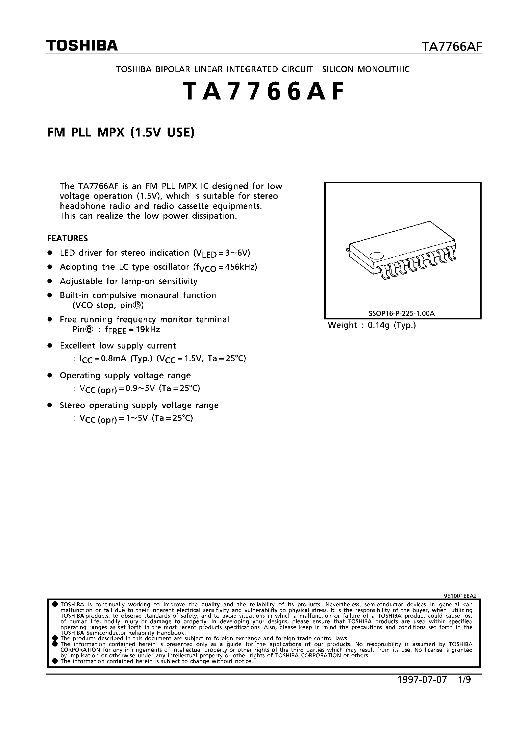 Datasheet TA7766AF - FM PLL MPX (1.5V USE) page 1