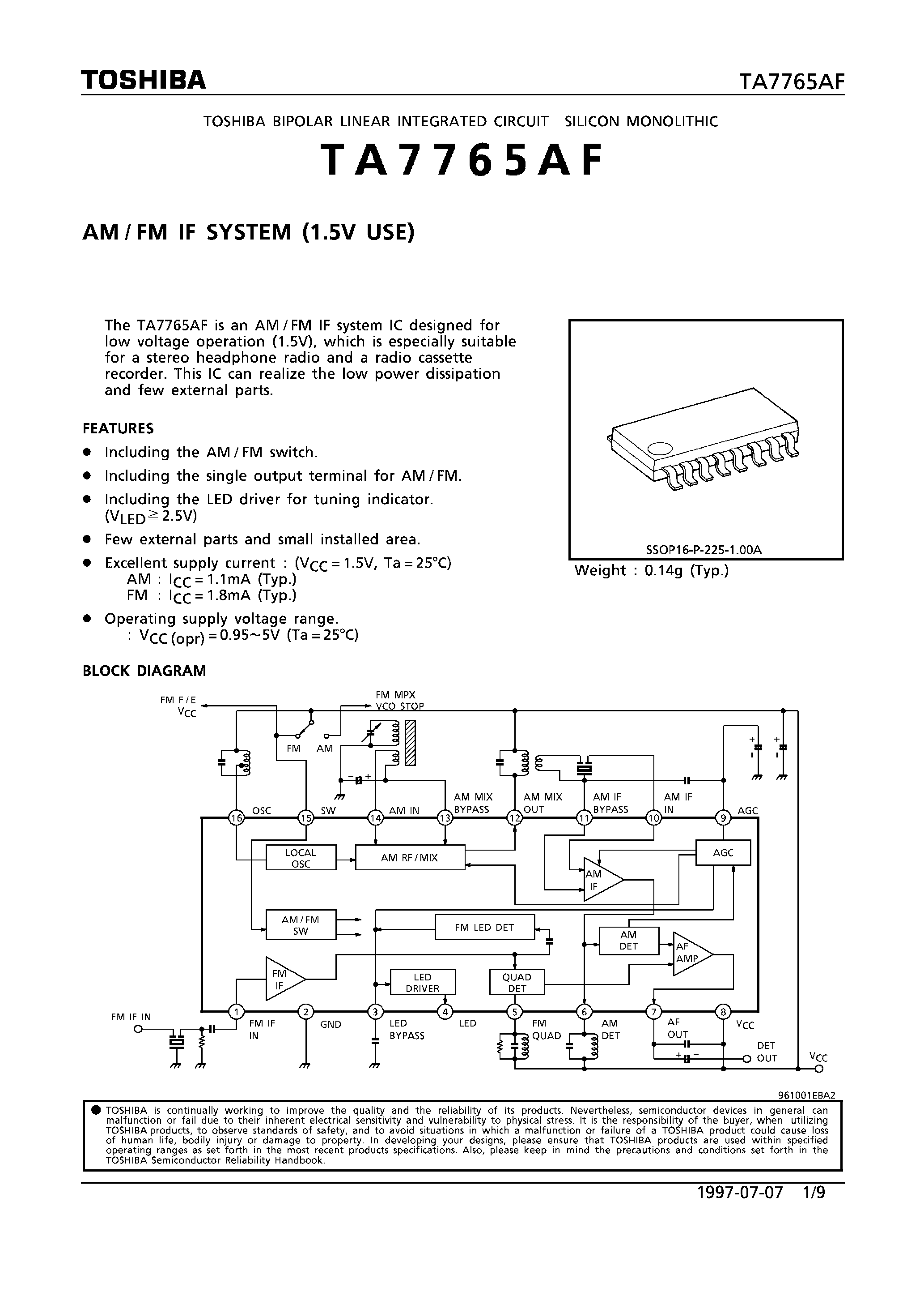 Datasheet TA7765AF - AM/FM IF SYSTEM (1.5V USE) page 1