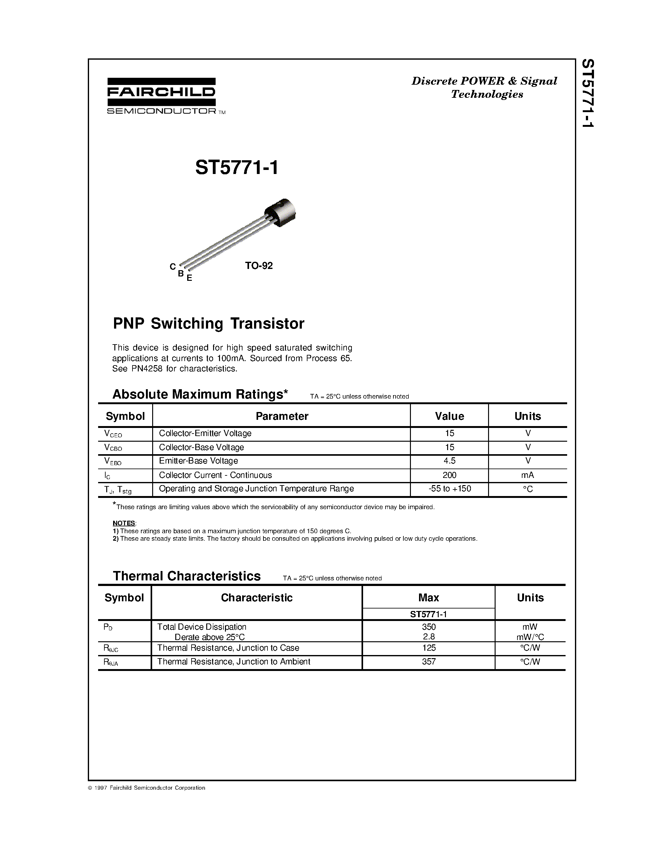 Даташит на микросхему ST5771-1 страница 1 Даташит ST5771-1 - PNP Switching Transistor страница 1