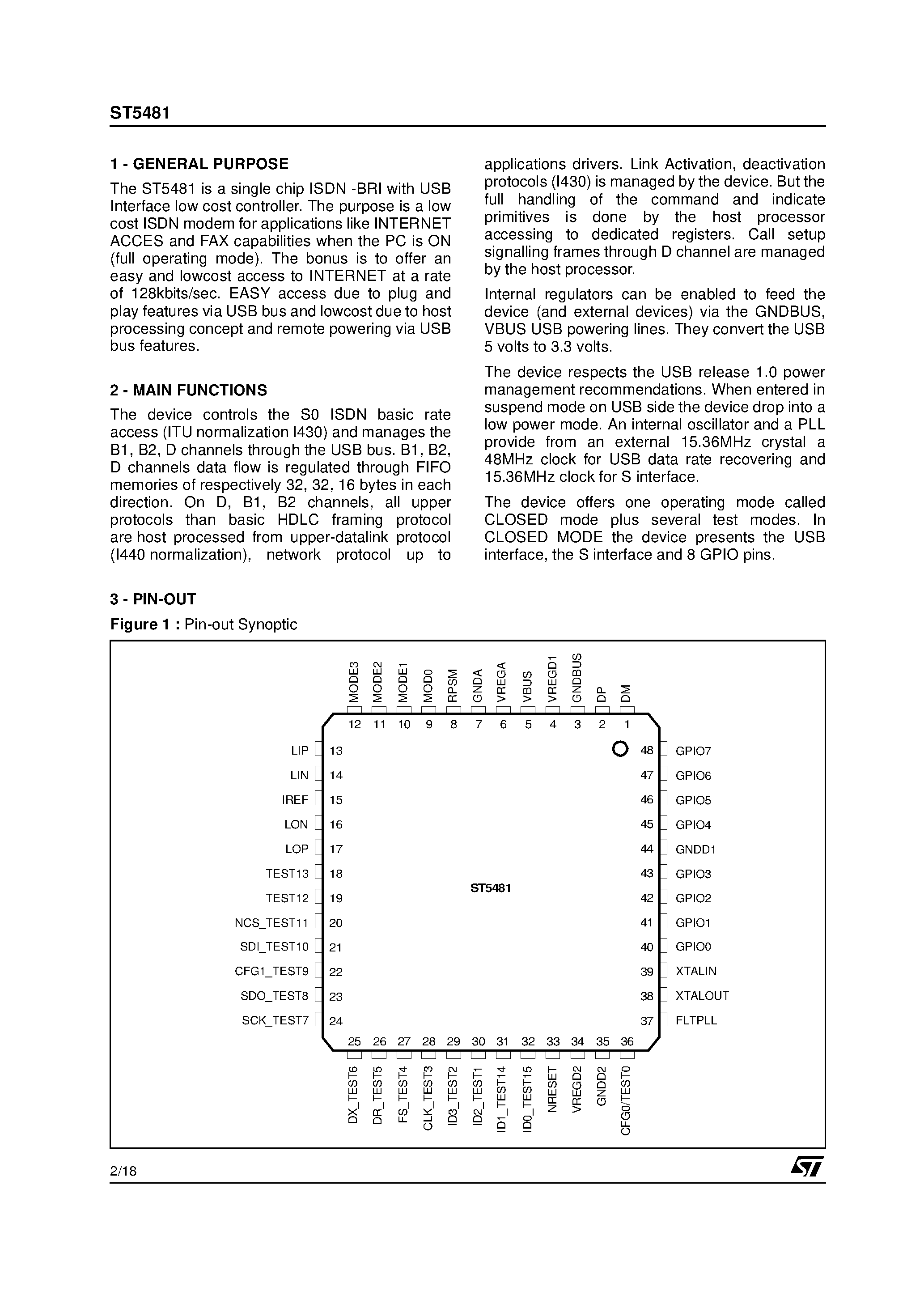 Datasheet ST5481 - L.O.U.I.S - LOW COST USB ISDN SOLUTION page 2
