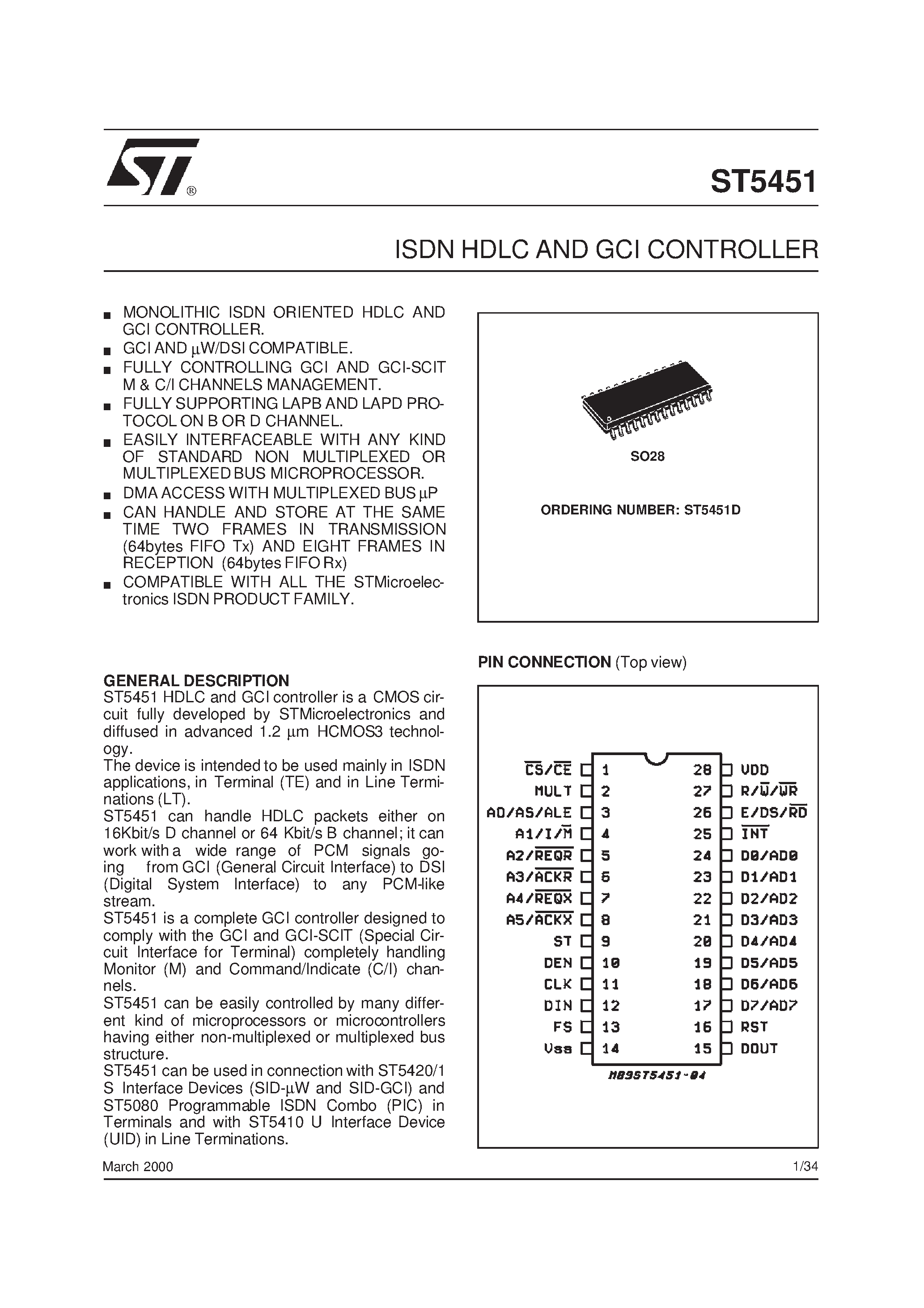 Даташит на микросхему ST5451 страница 1 Даташит ST5451 - ISDN HDLC AND GCI CONTROLLER страница 1