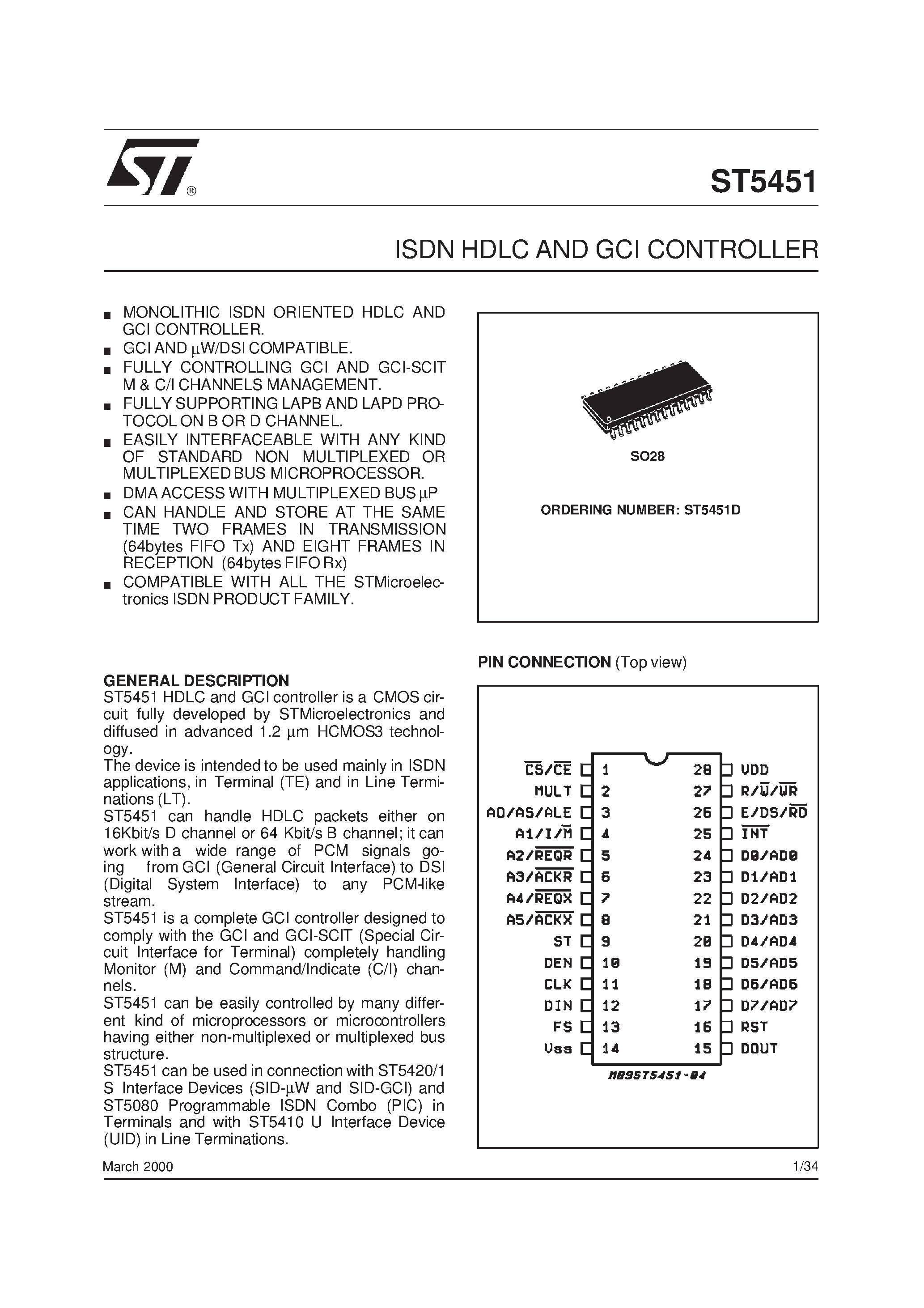 Datasheet ST5451 - ISDN HDLC AND GCI CONTROLLER page 1