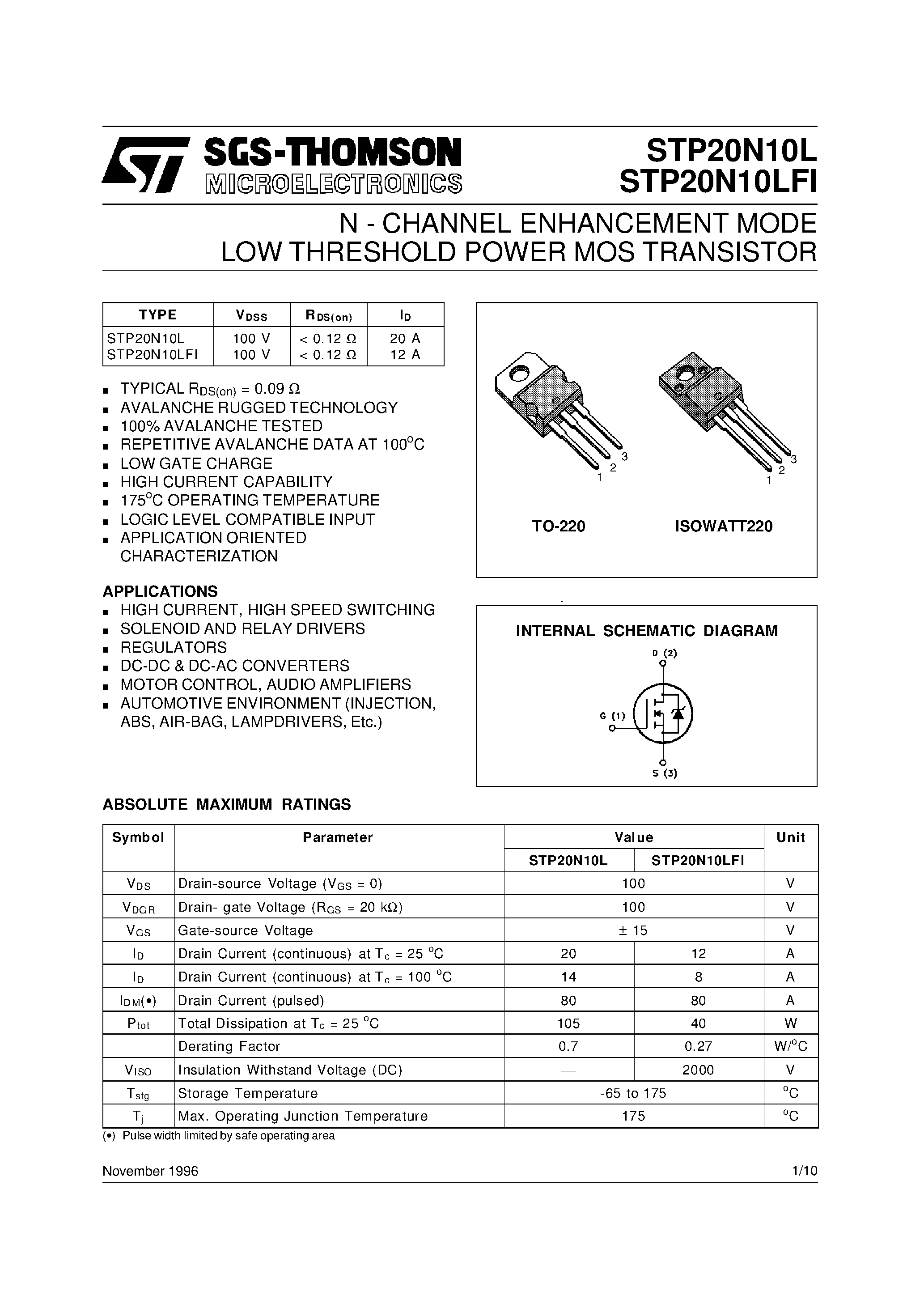 Datasheet STP20N10L page 1 Datasheet STP20N10L - N-CHANNEL POWER MOSFET page 1