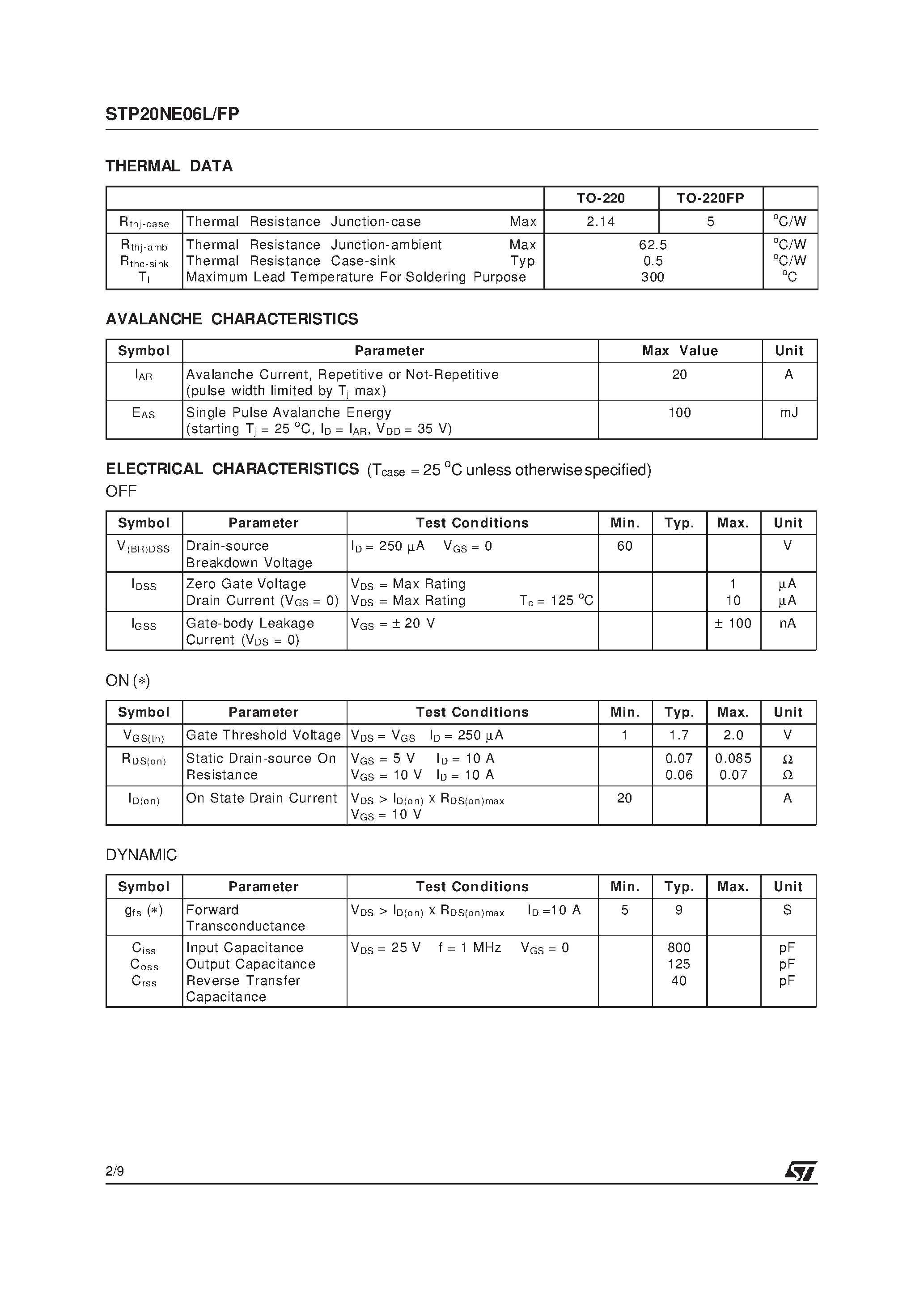 Datasheet STP20NE06L - N-CHANNEL POWER MOSFET page 2