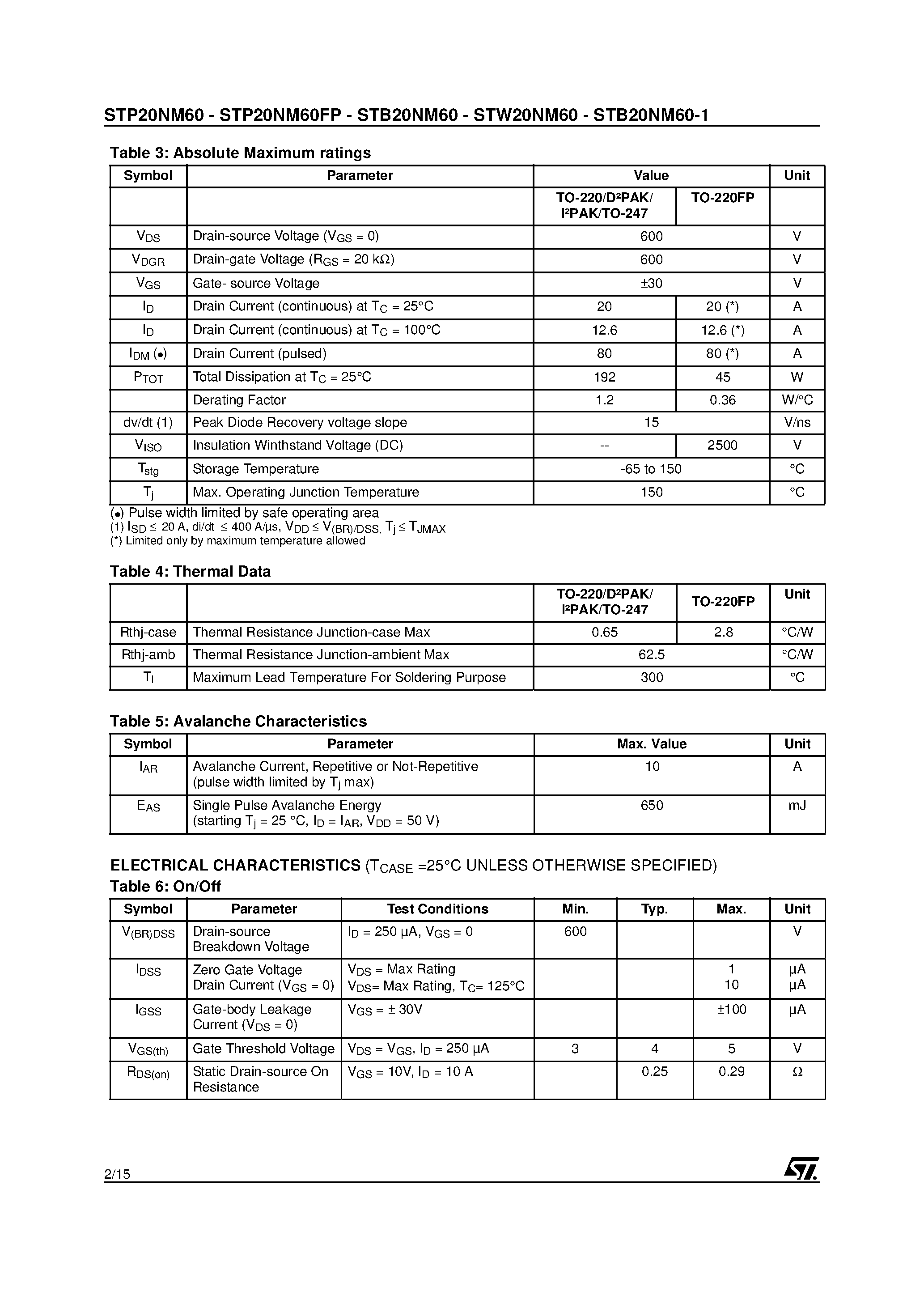 Datasheet STP20NM60 - N-CHANNEL POWER MOSFET page 2