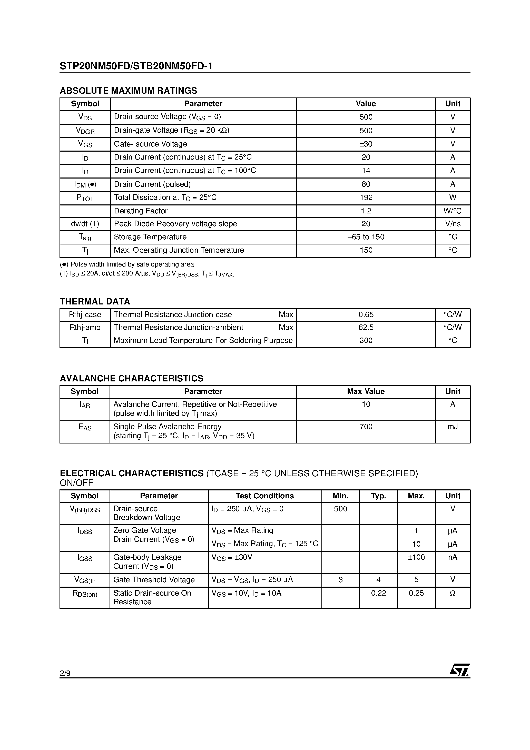 Datasheet STP20NM50FD - N-CHANNEL POWER MOSFET page 2